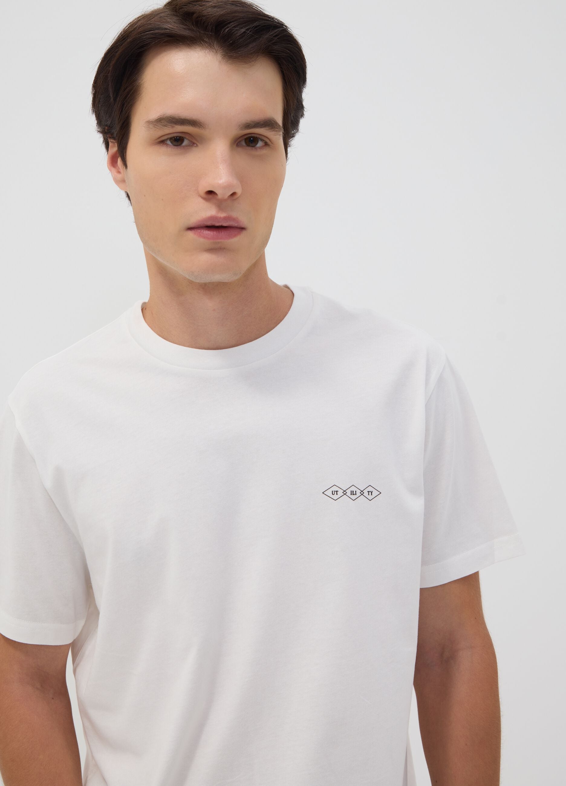White pure cotton jersey T-shirt with graphic print, regular fit
