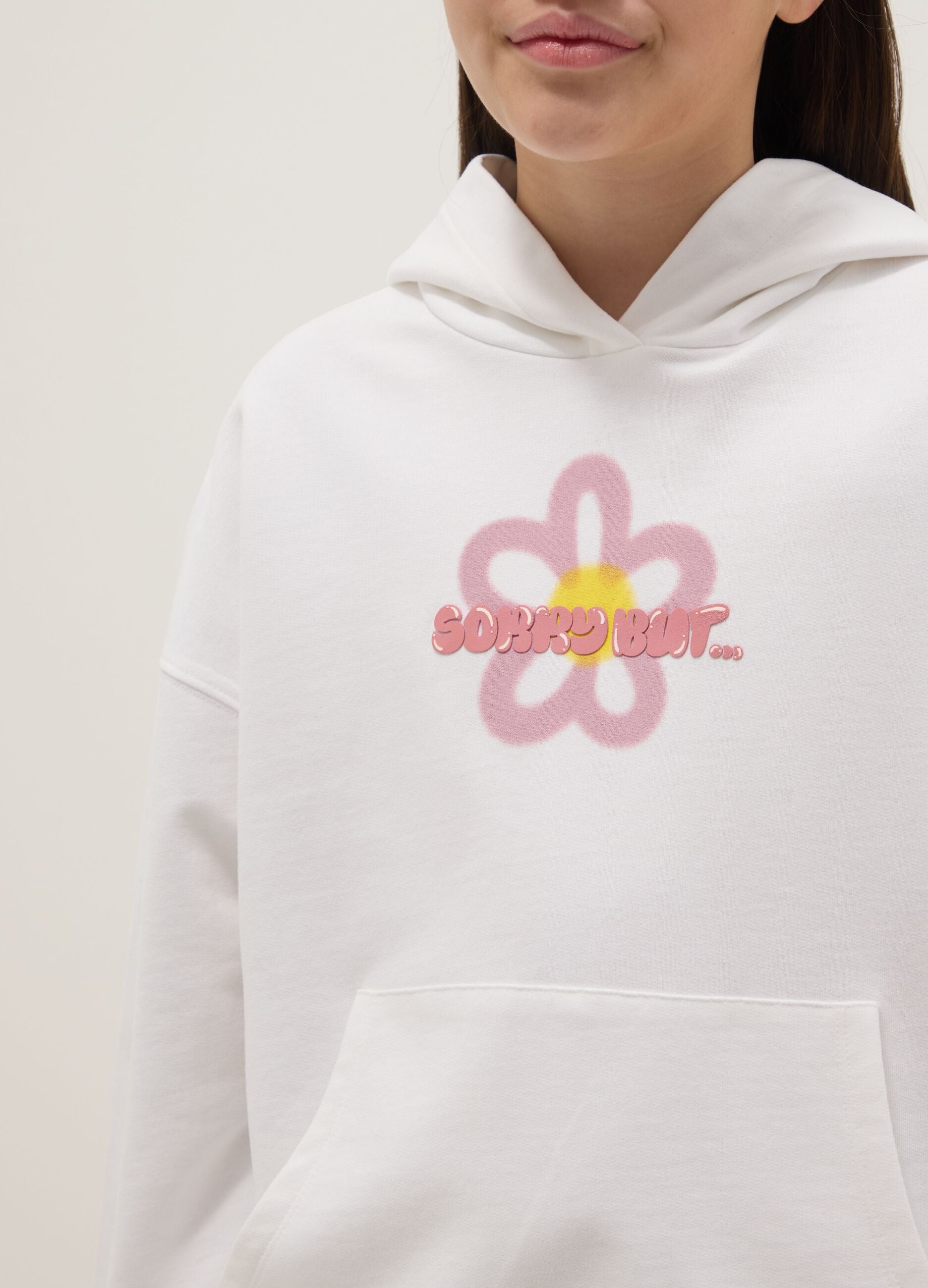 White pure cotton oversized fit sweatshirt for girls with flower