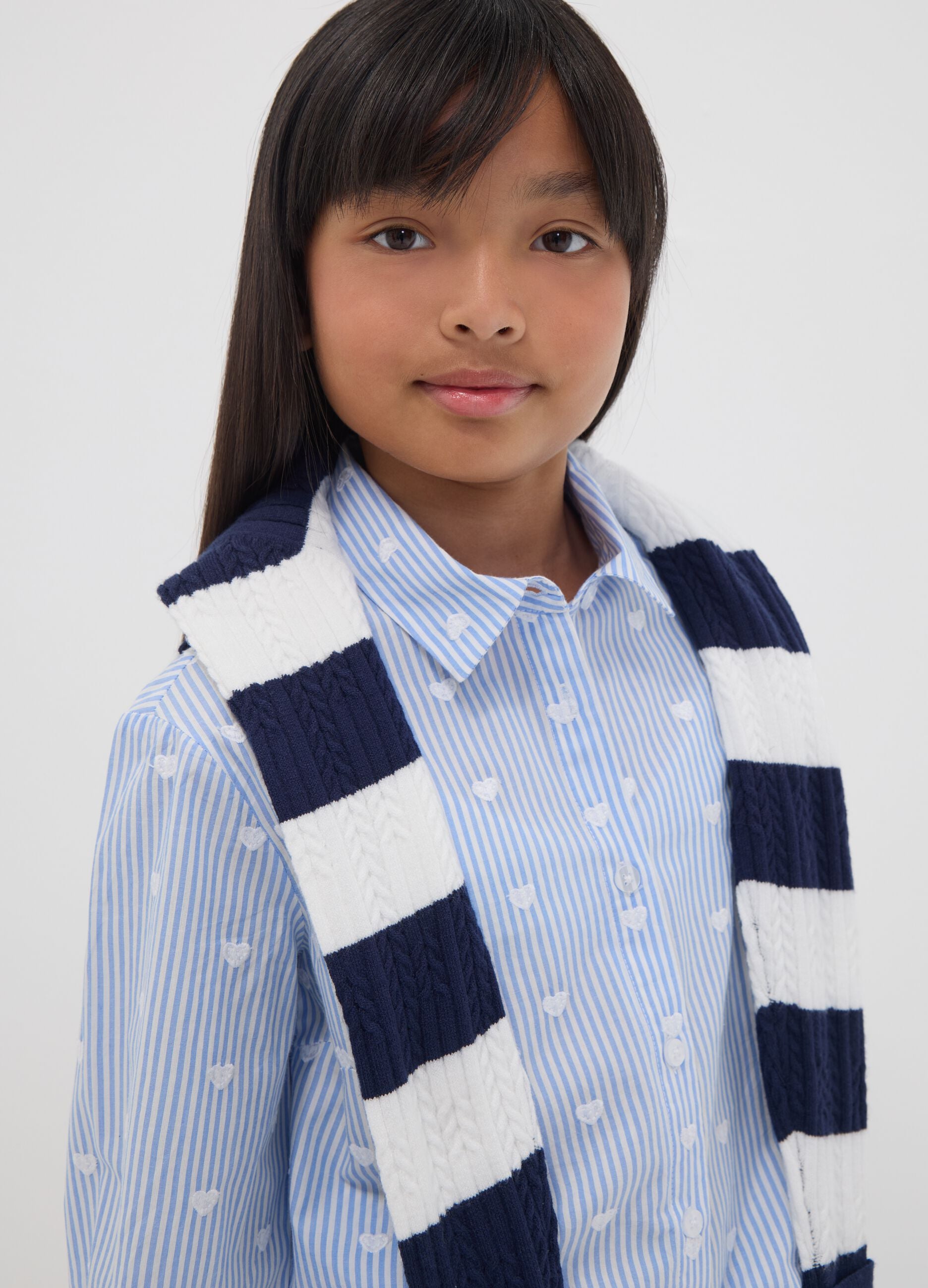 Blue striped pure cotton shirt with hearts for girls