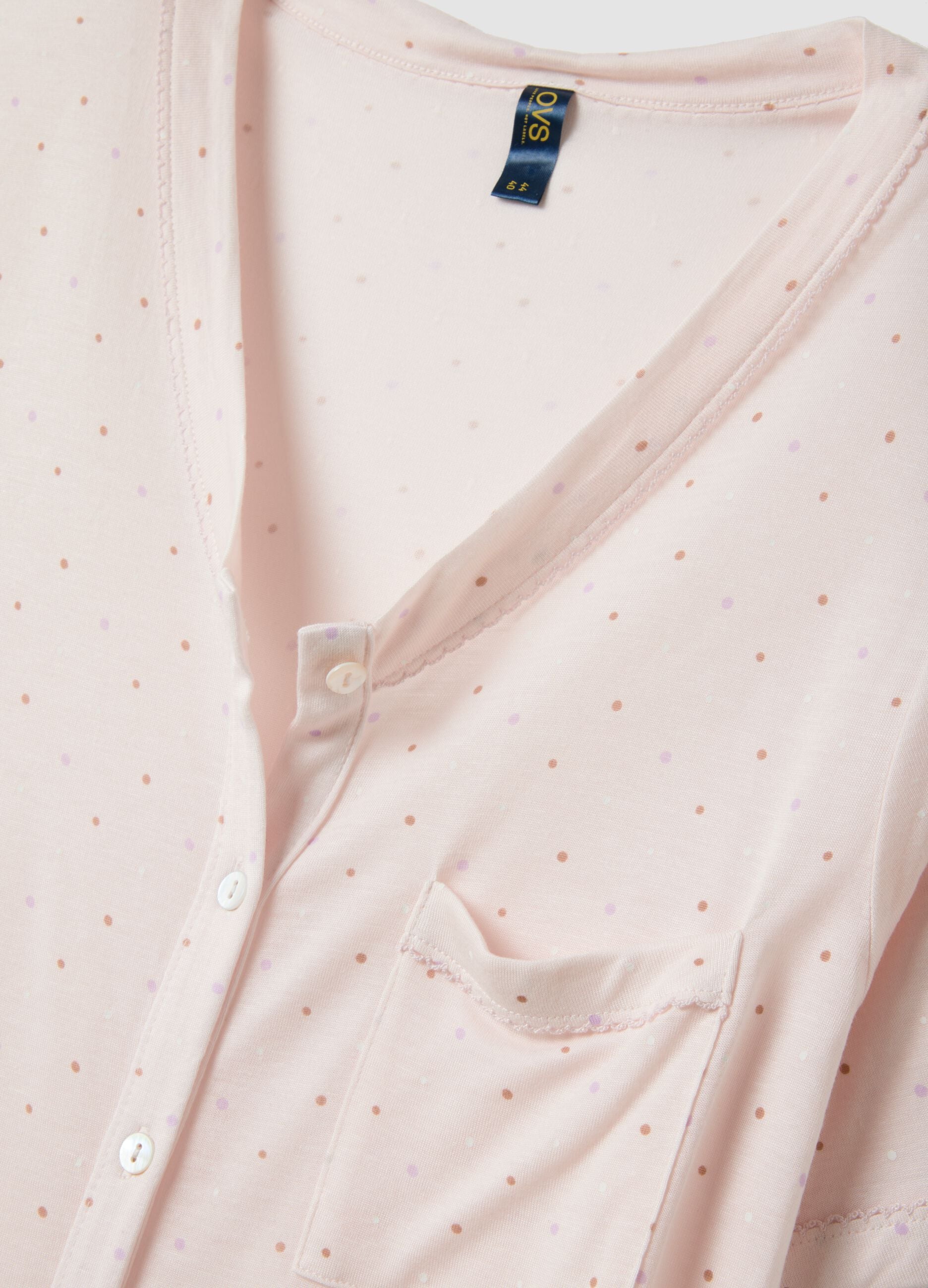 Pink polka-dot pure viscose nightshirt with V-neck
