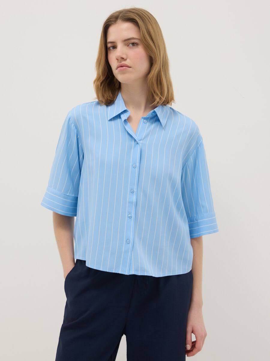 Pure viscose light blue striped regular fit shirt_0