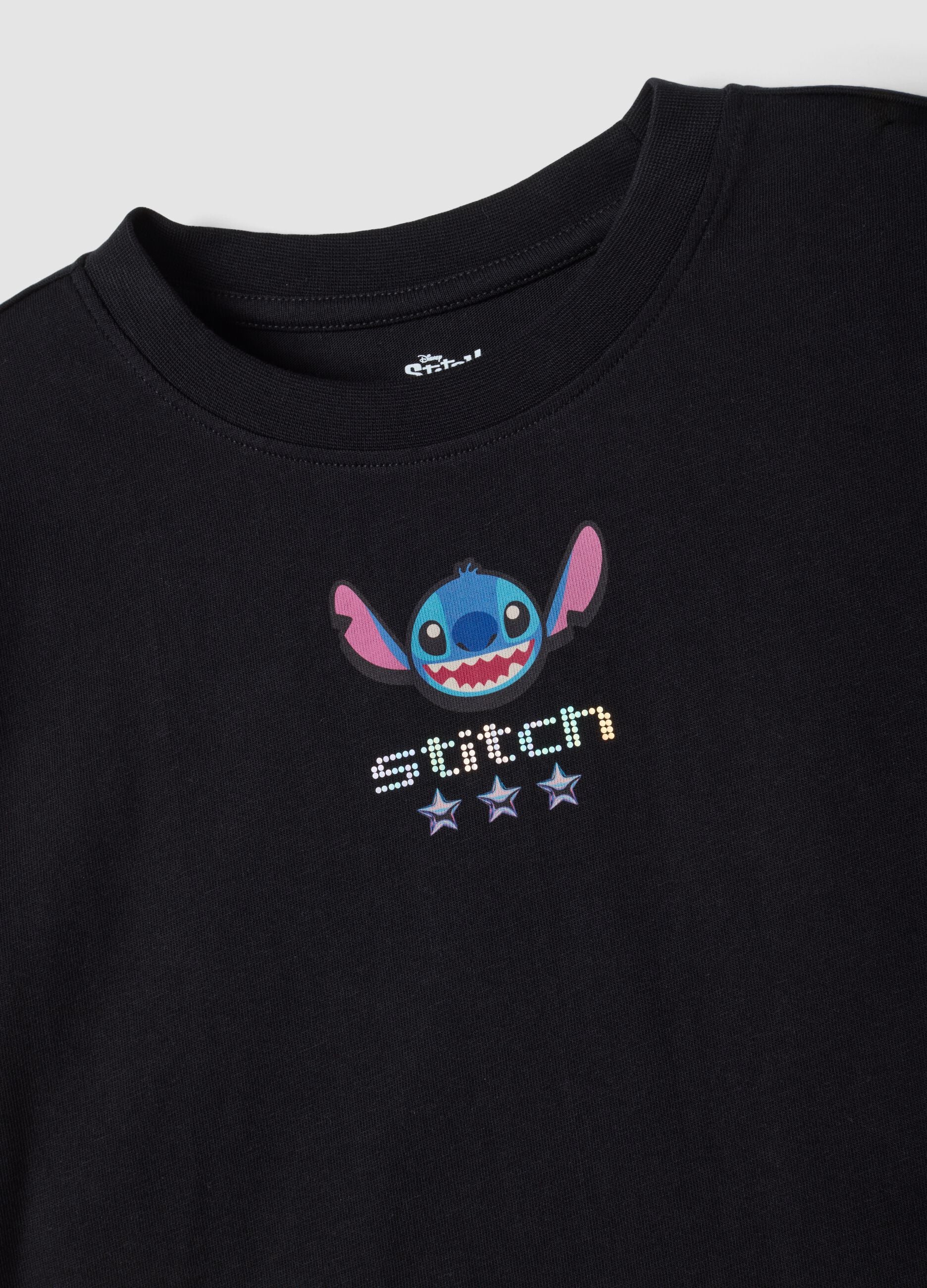 Black pure cotton T-shirt with ribbed collar and Stitch print