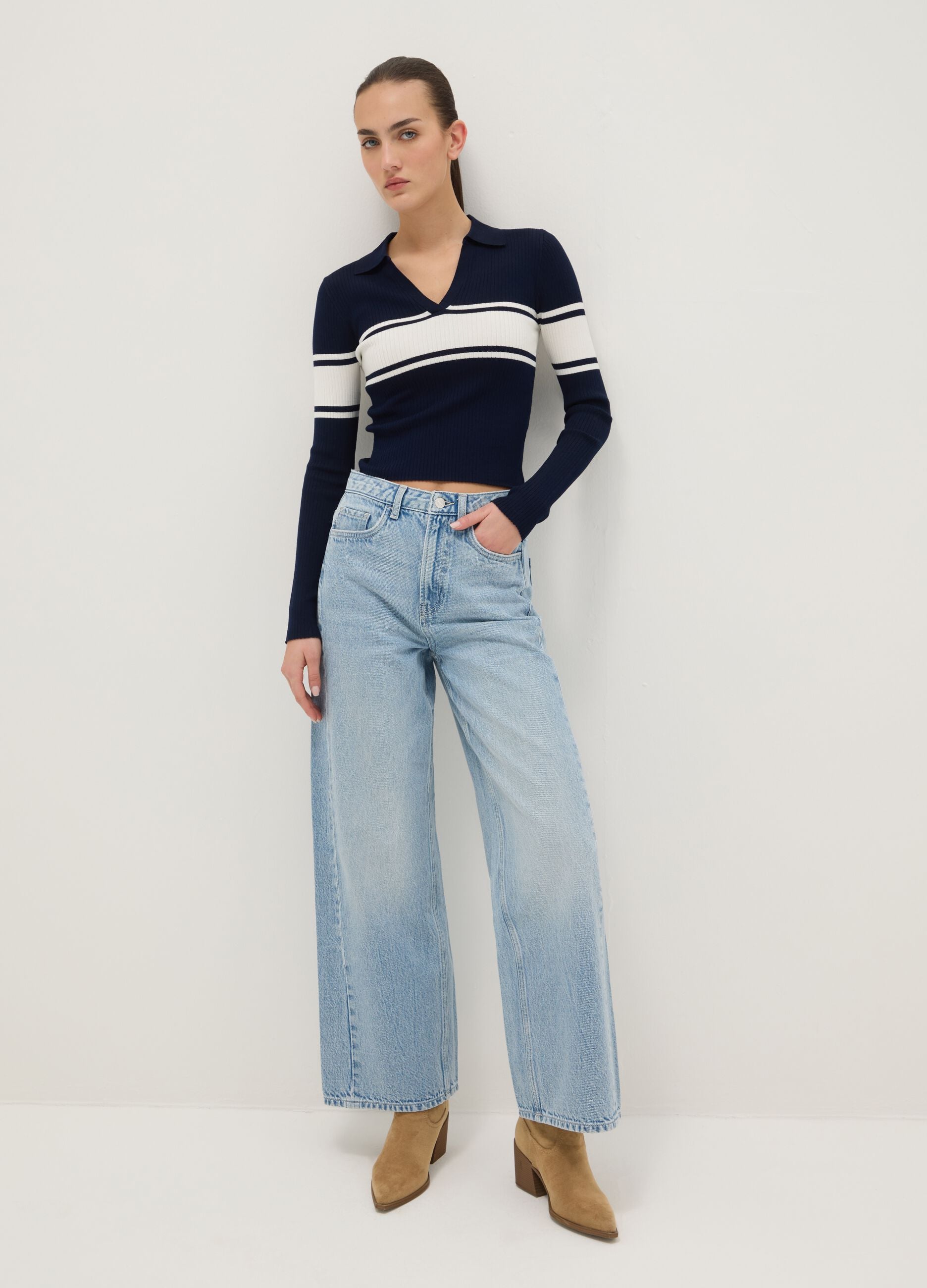 Blue sweater with polo collar in viscose blend