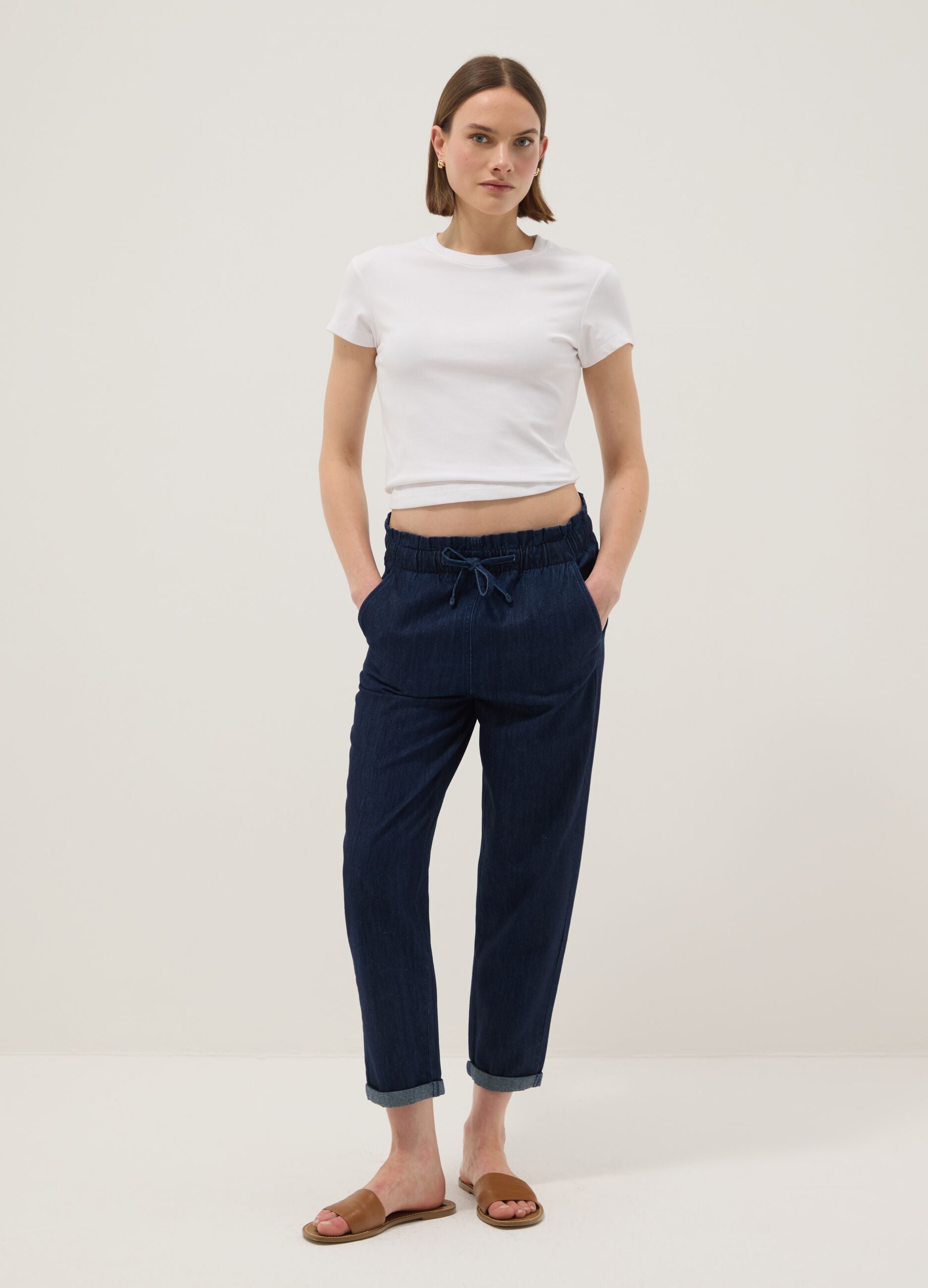 Regular fit blue denim cotton paper bag trousers