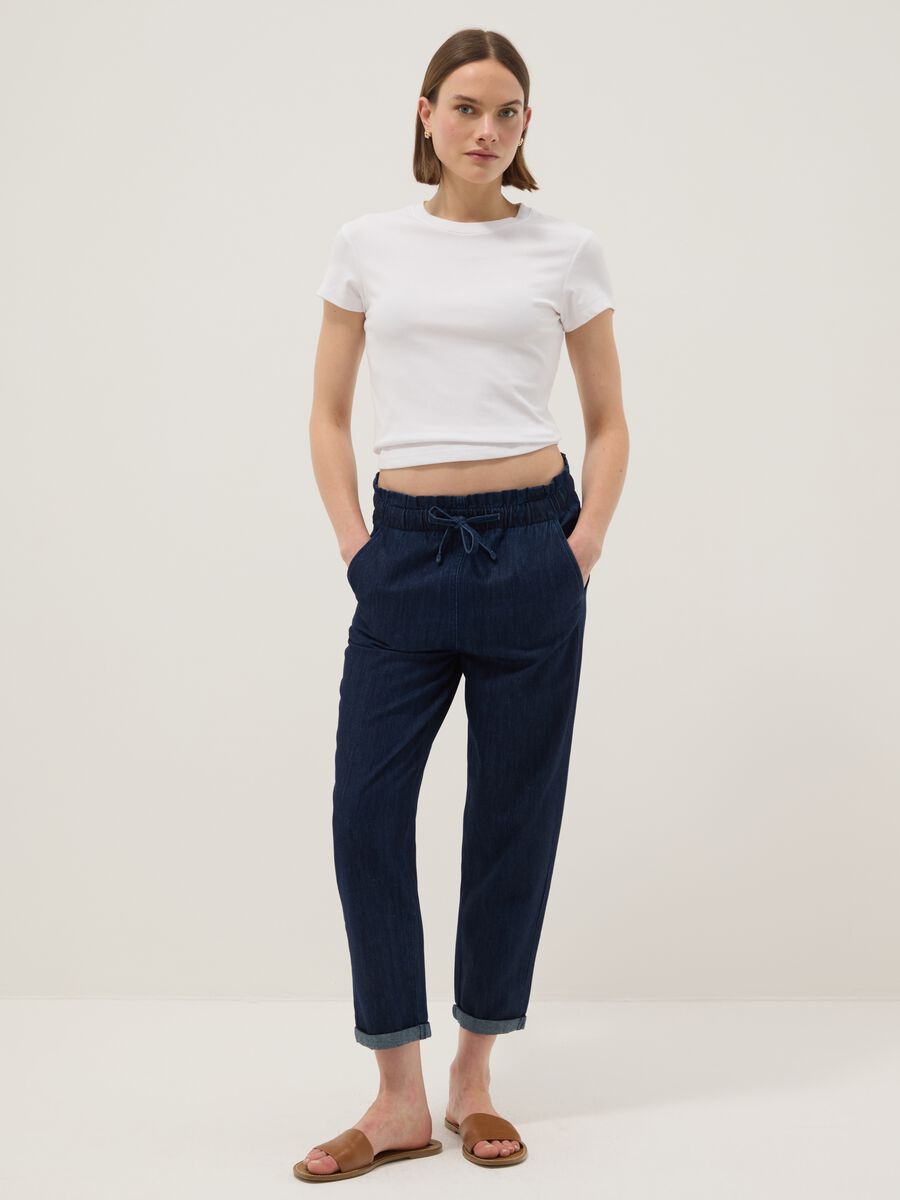 Pantaloni paper bag in puro cotone denim blu _0