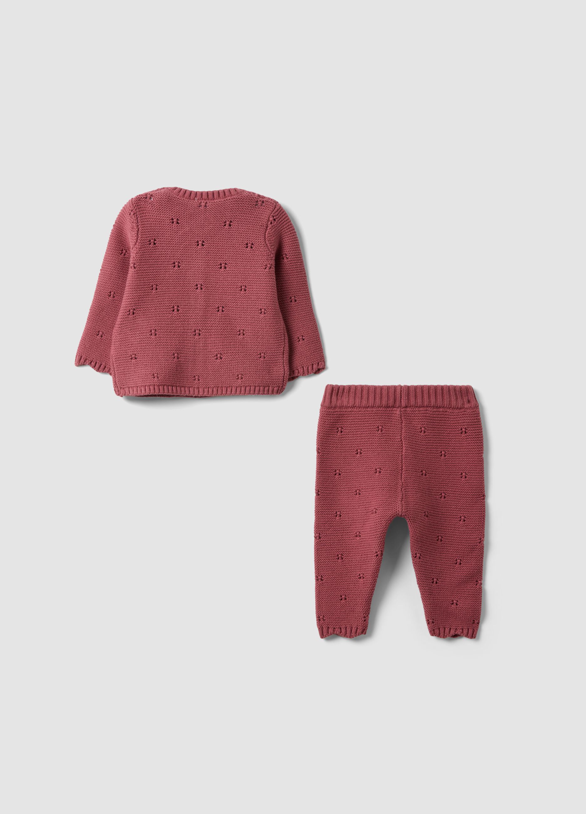 Pink organic cotton openwork knit set for baby girl
