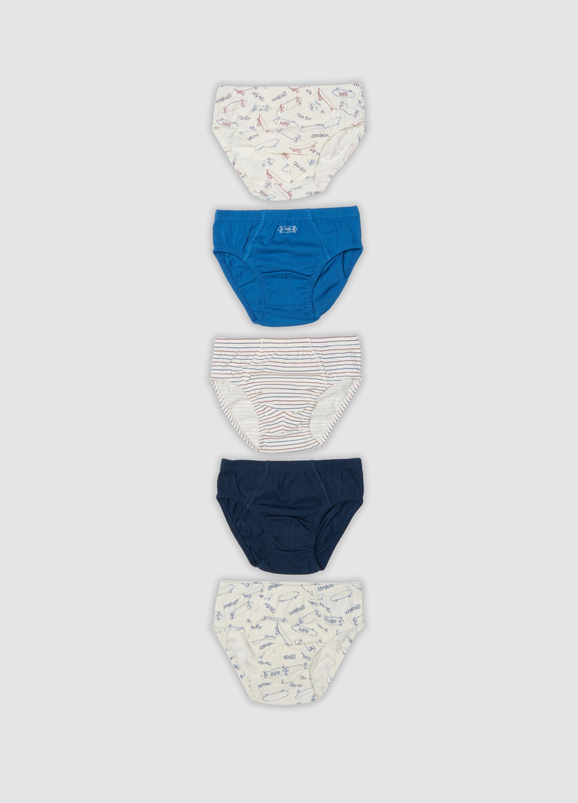 Pack of five multicoloured briefs in pure organic cotton with skate print