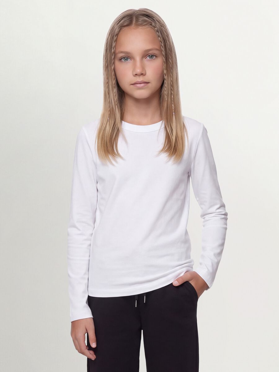 White organic cotton and stretchy viscose T-shirt with ribbed neckline for girls_0