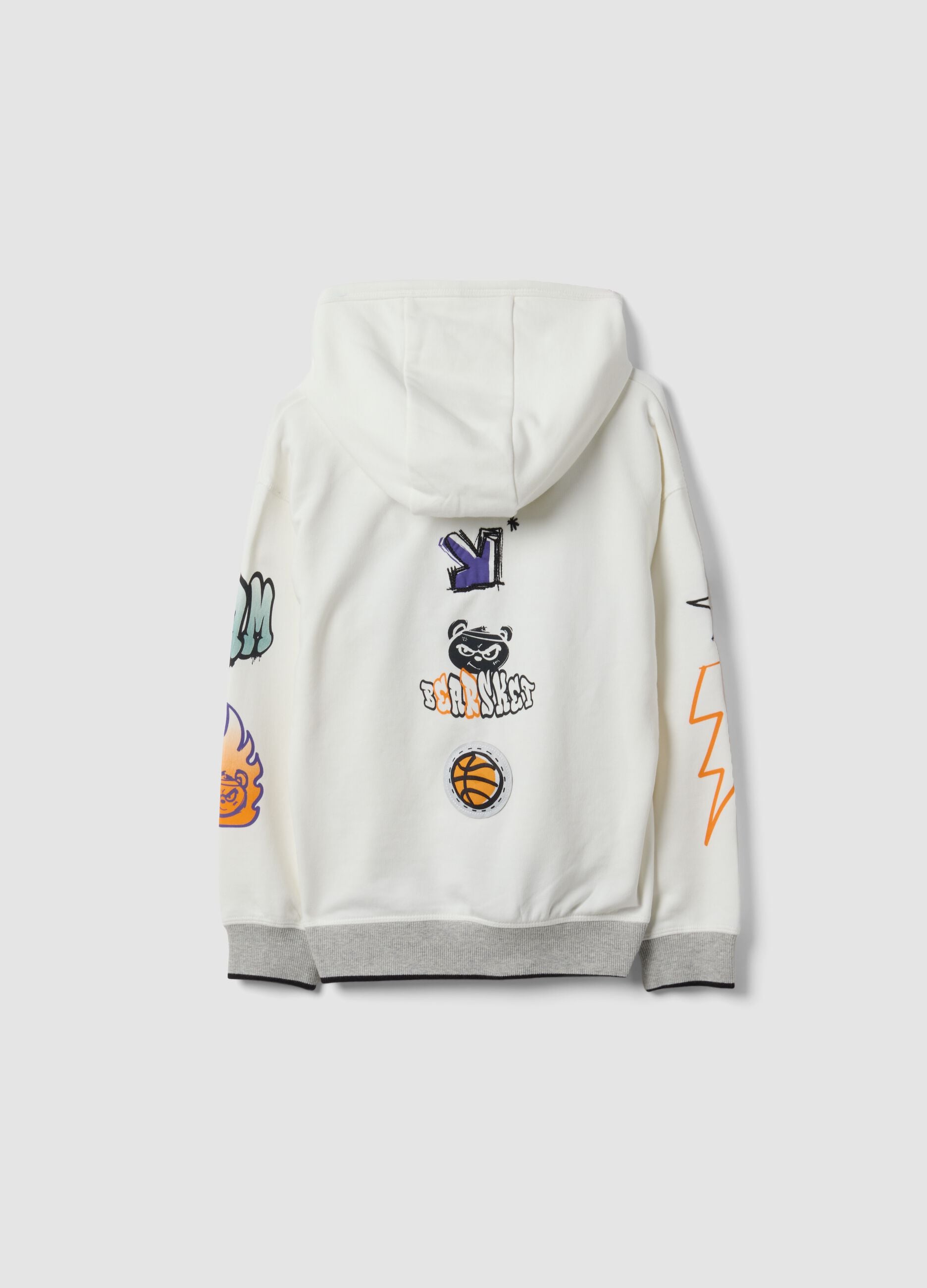 White cotton-blend hoodie with graffiti oversized fit for boys