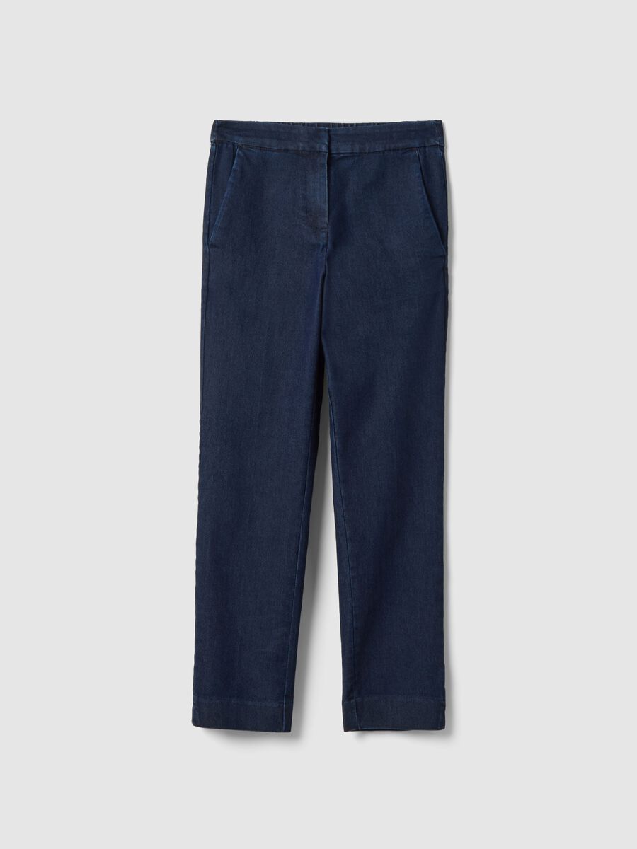 Blue slim fit stretch denim cotton blend trousers_4