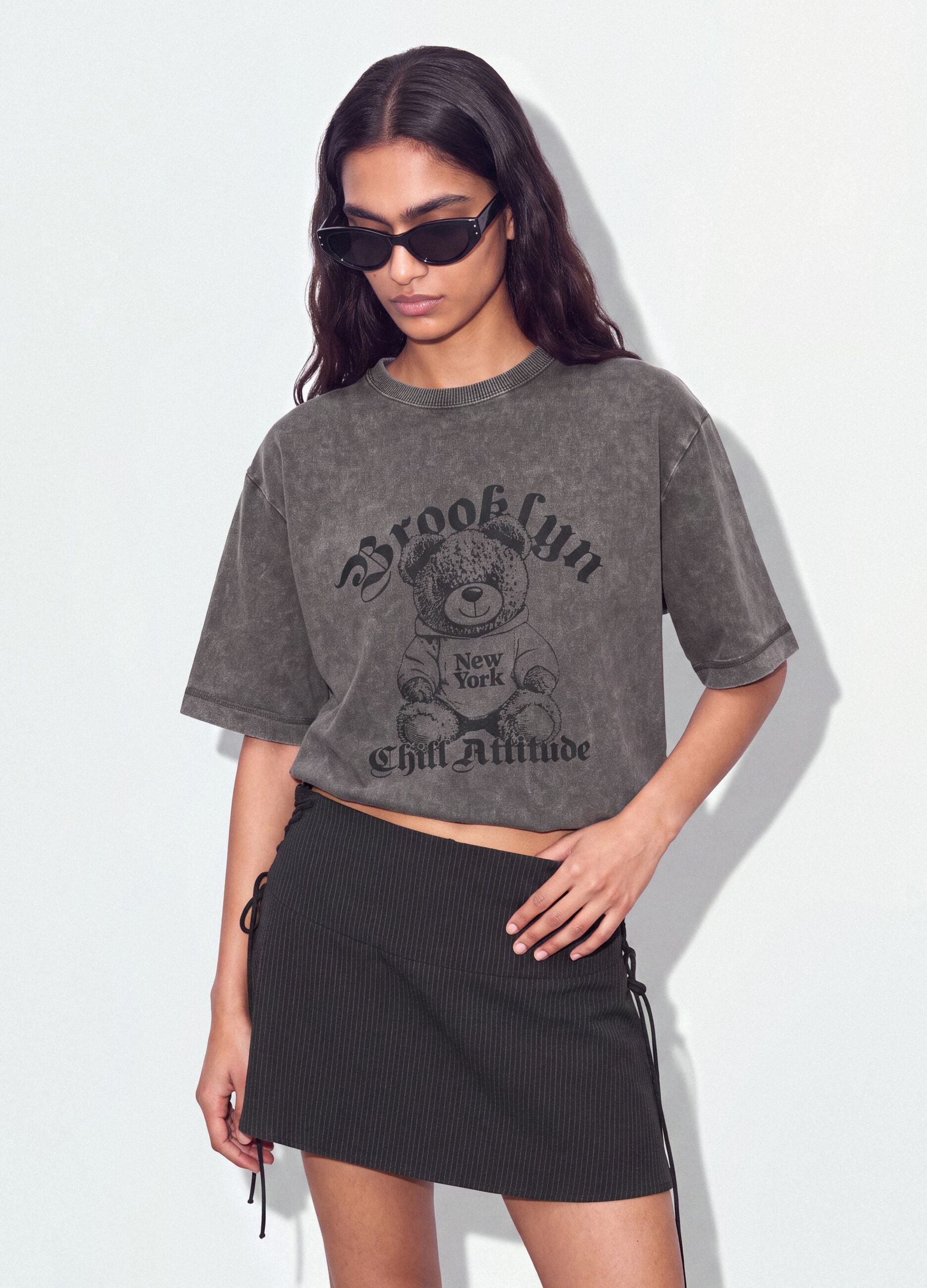 Grey pure cotton oversized T-shirt with teddy bear print