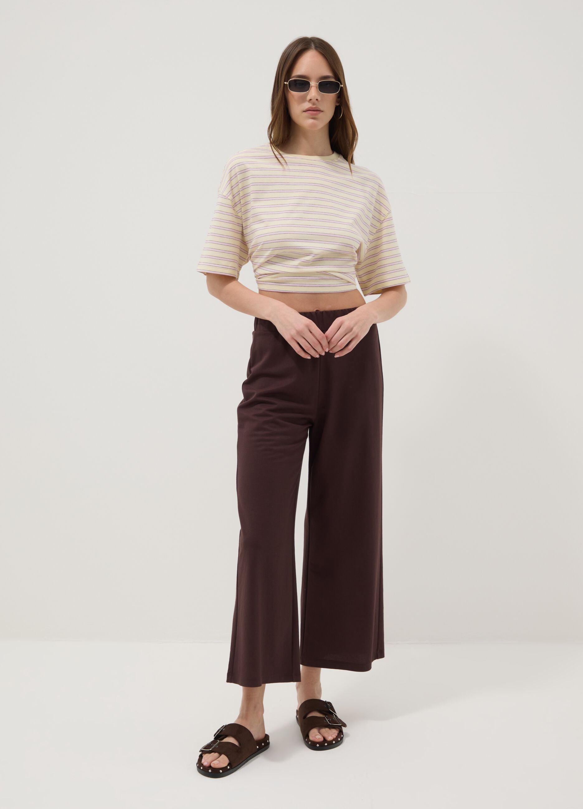 Yellow T-shirt with pink stripes in pure cotton, boxy fit