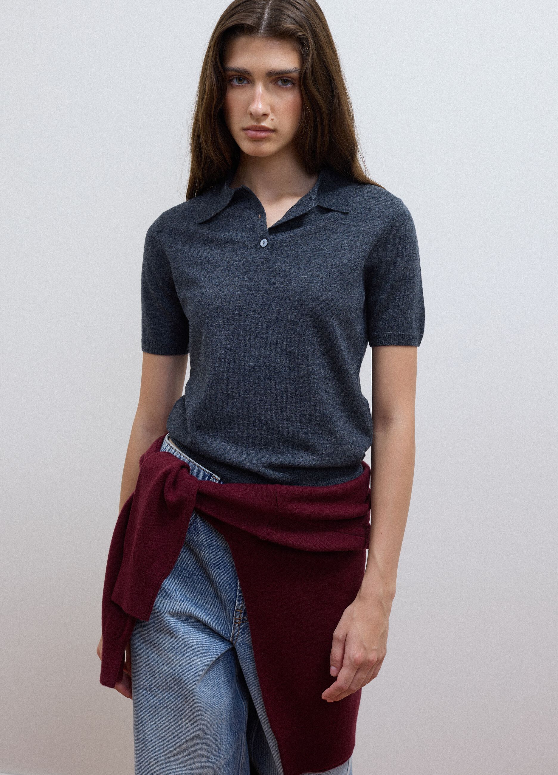 Grey pure wool polo-collar jumper in regular fit