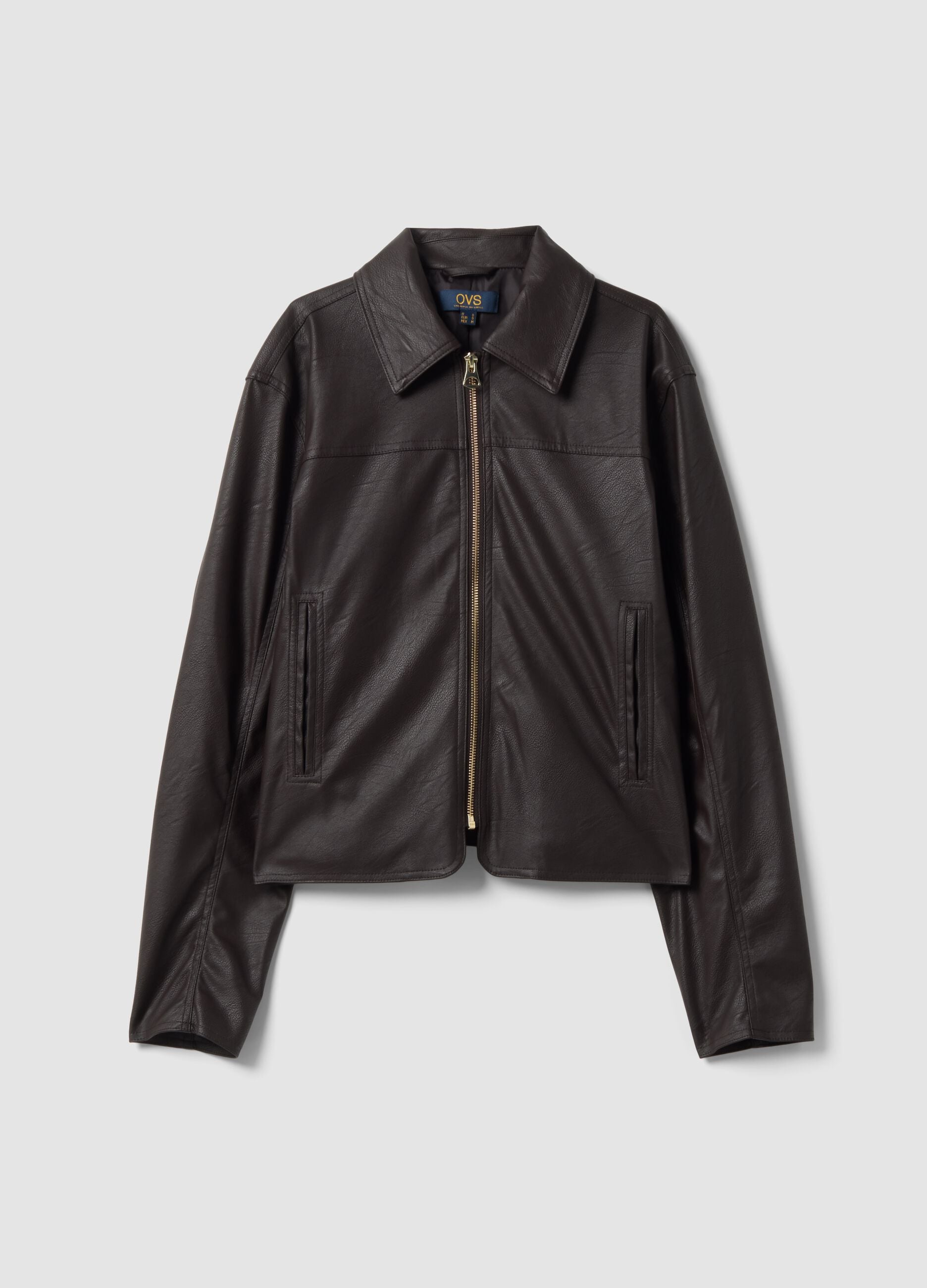Brown jacket with zip fastening and slim-fit collar
