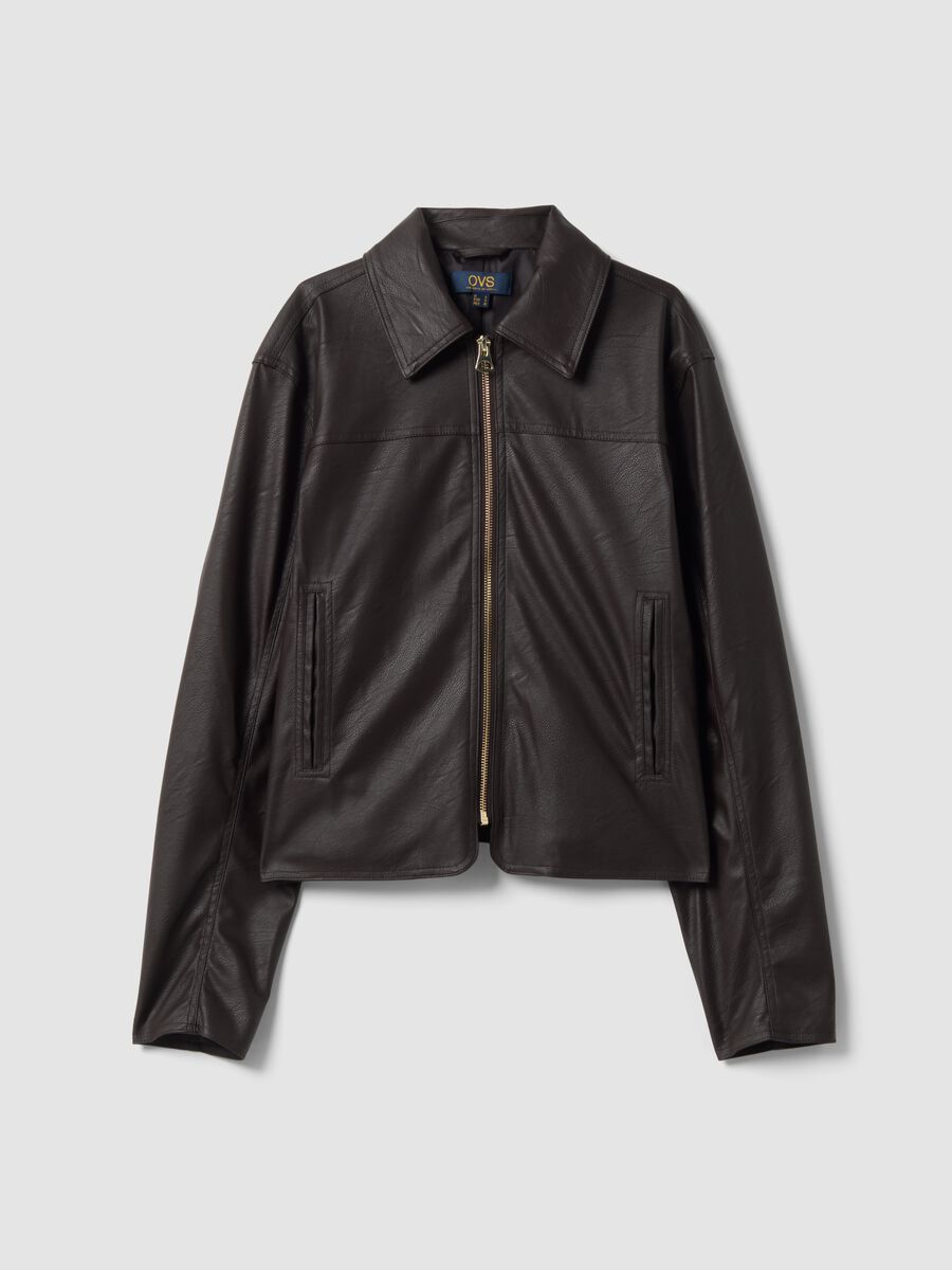 Brown jacket with zip fastening and slim-fit collar_0