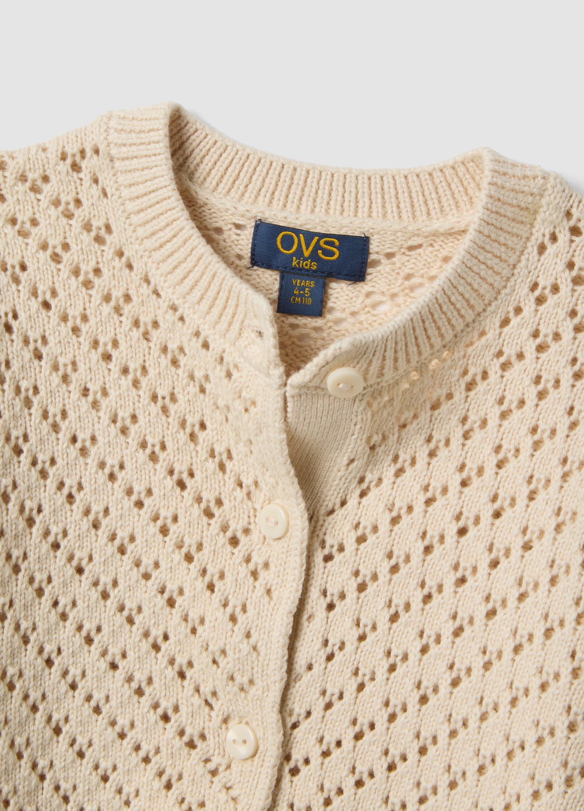 Girl's regular fit perforated cardigan in pure beige cotton