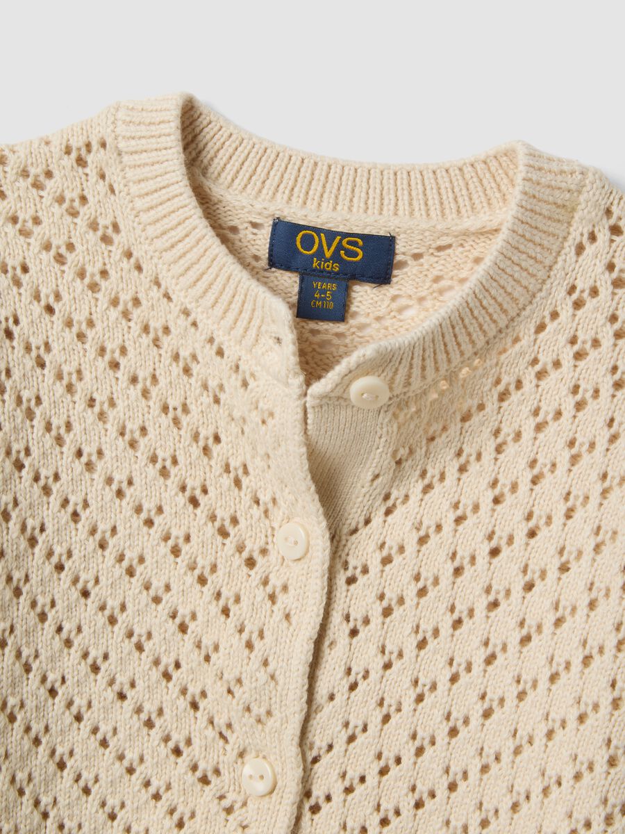 Girl's regular fit perforated cardigan in pure beige cotton_2
