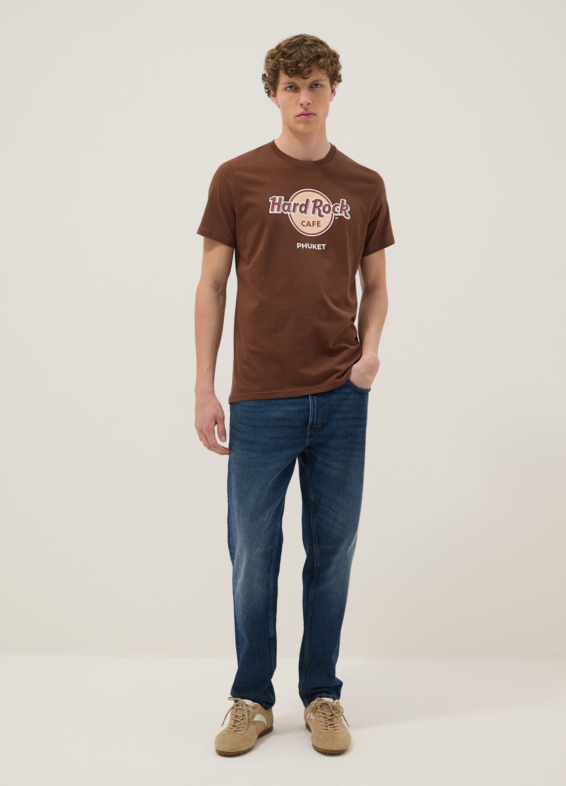 Brown pure cotton Hard Rock Cafe print T-shirt, regular fit