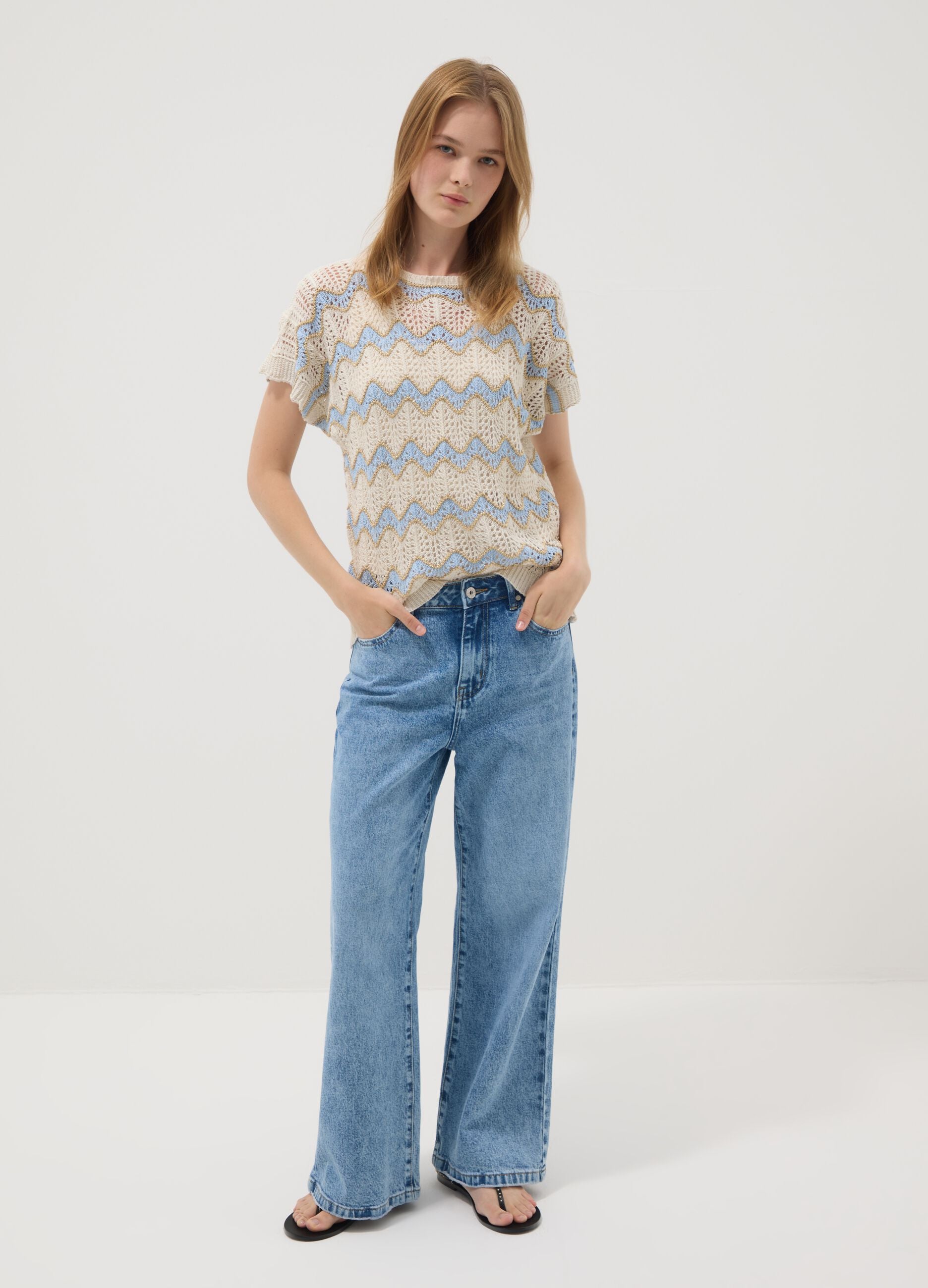 Beige open-knit top with light blue stripes in stretch cotton, regular fit