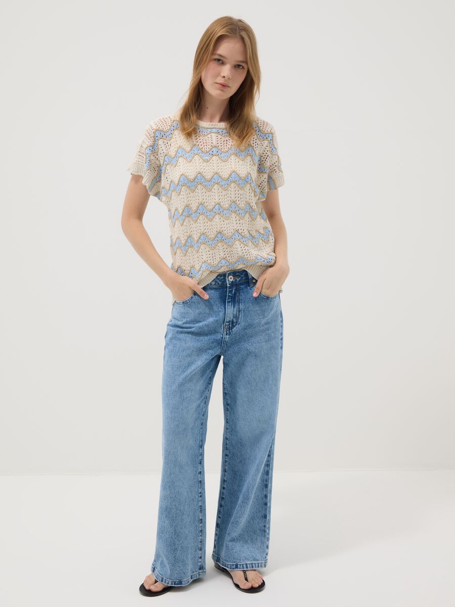 Beige open-knit top with light blue stripes in stretch cotton, regular fit_2