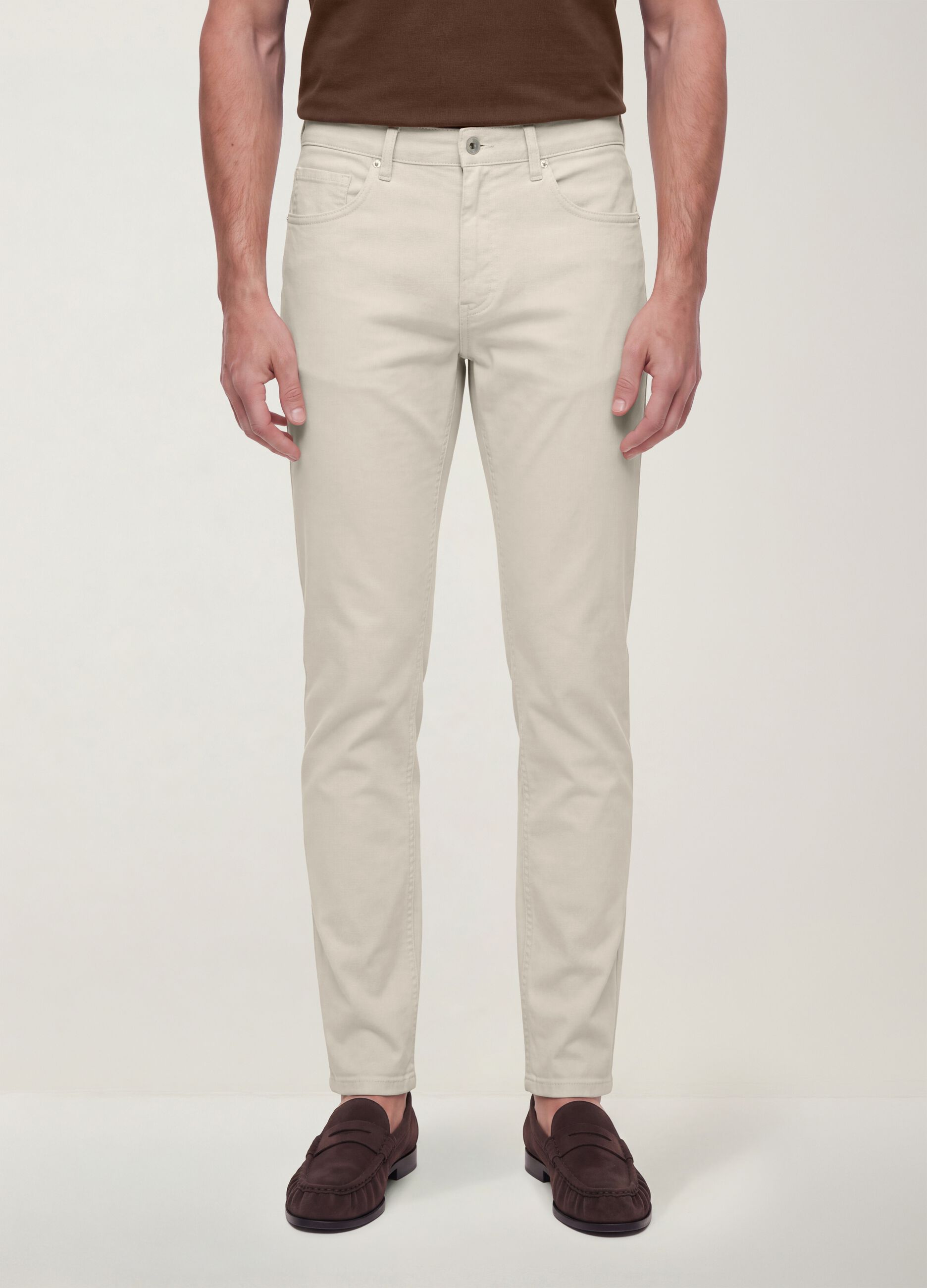 Beige slim-fit stretch cotton twill trousers