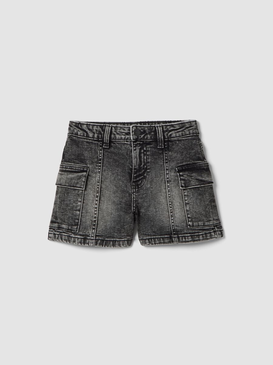 Girls&rsquo; slim-fit grey cargo denim shorts in stretch cotton_3