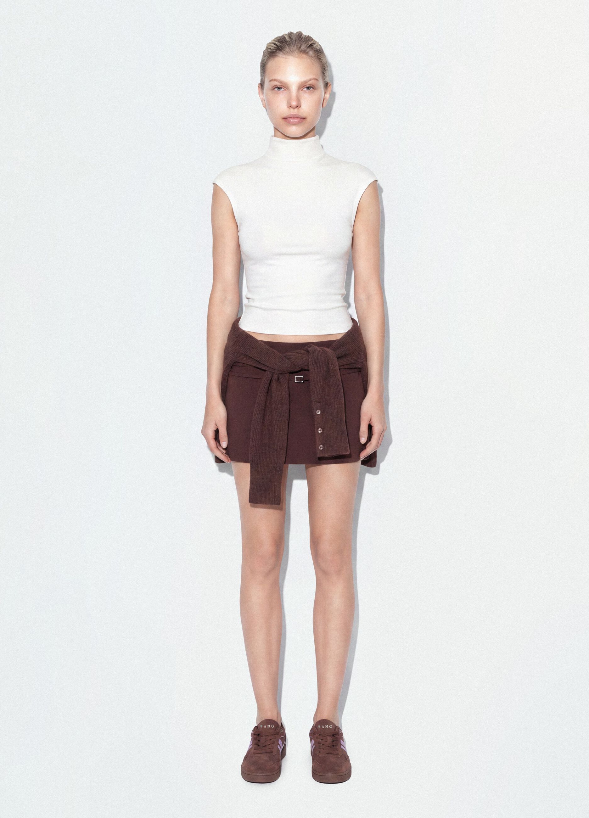 White fitted modal and stretch cotton T-shirt with high neck