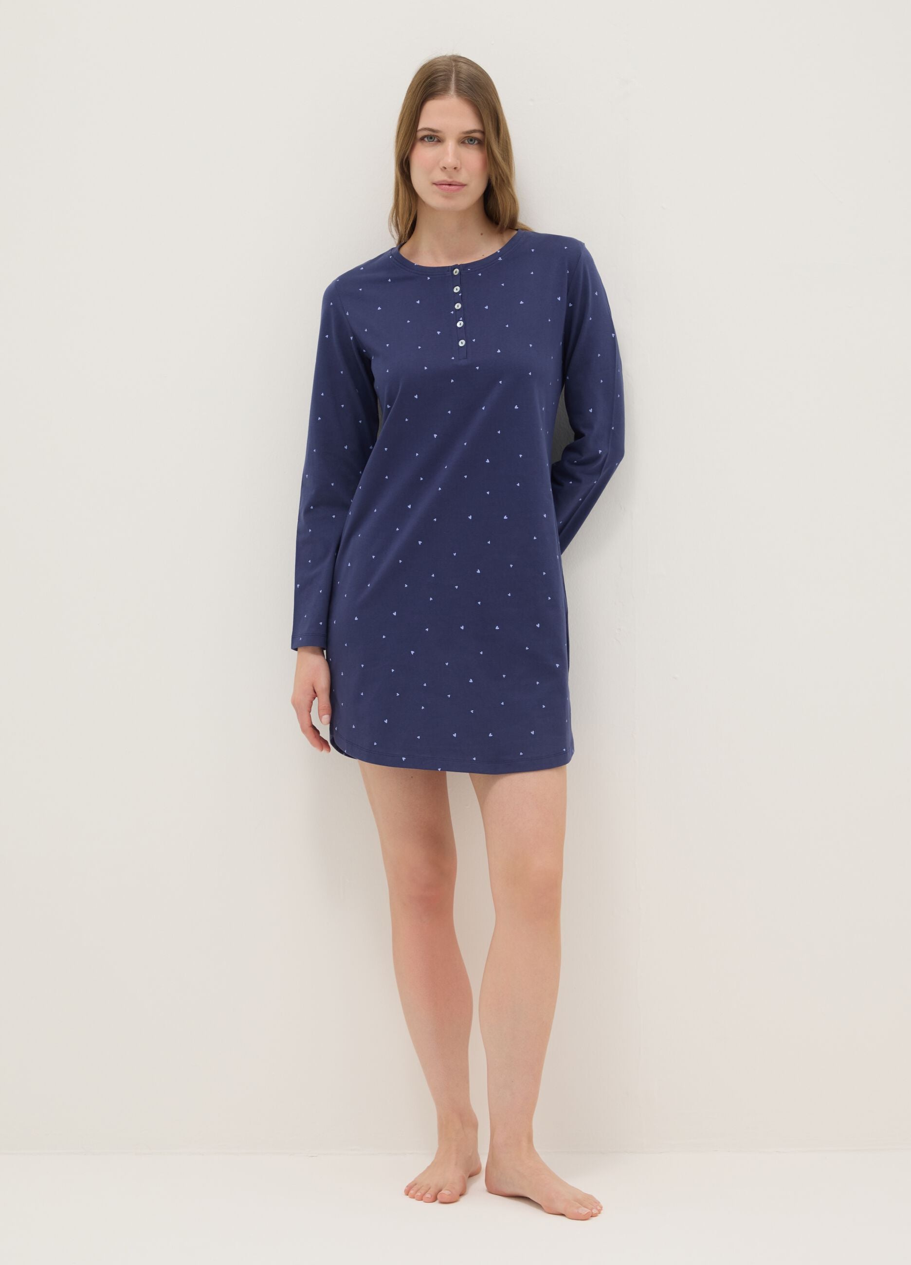 Blue pure cotton nightdress with hearts and serafina collar