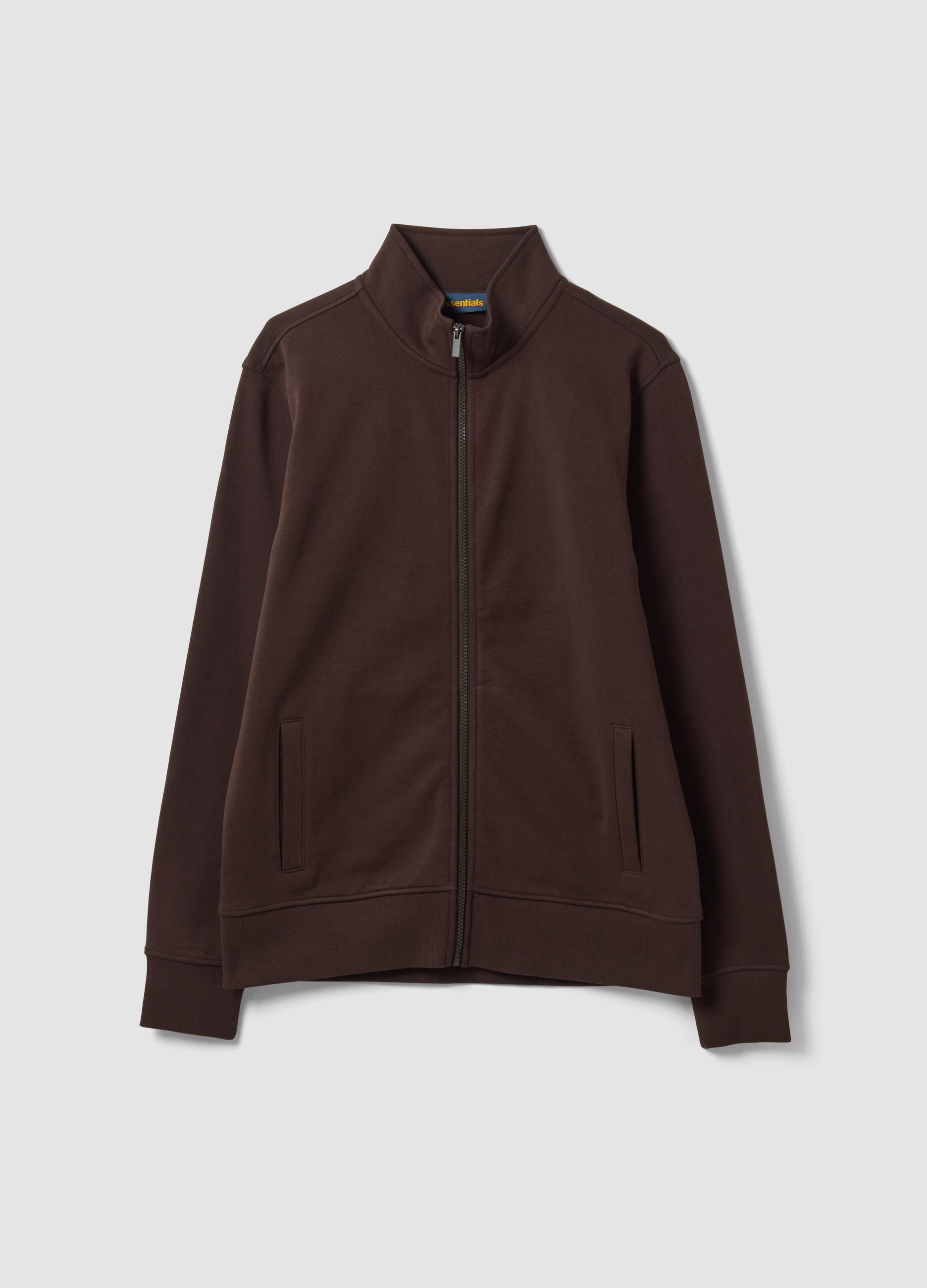 Brown cotton-blend sweatshirt with crew neck and zip, regular fit