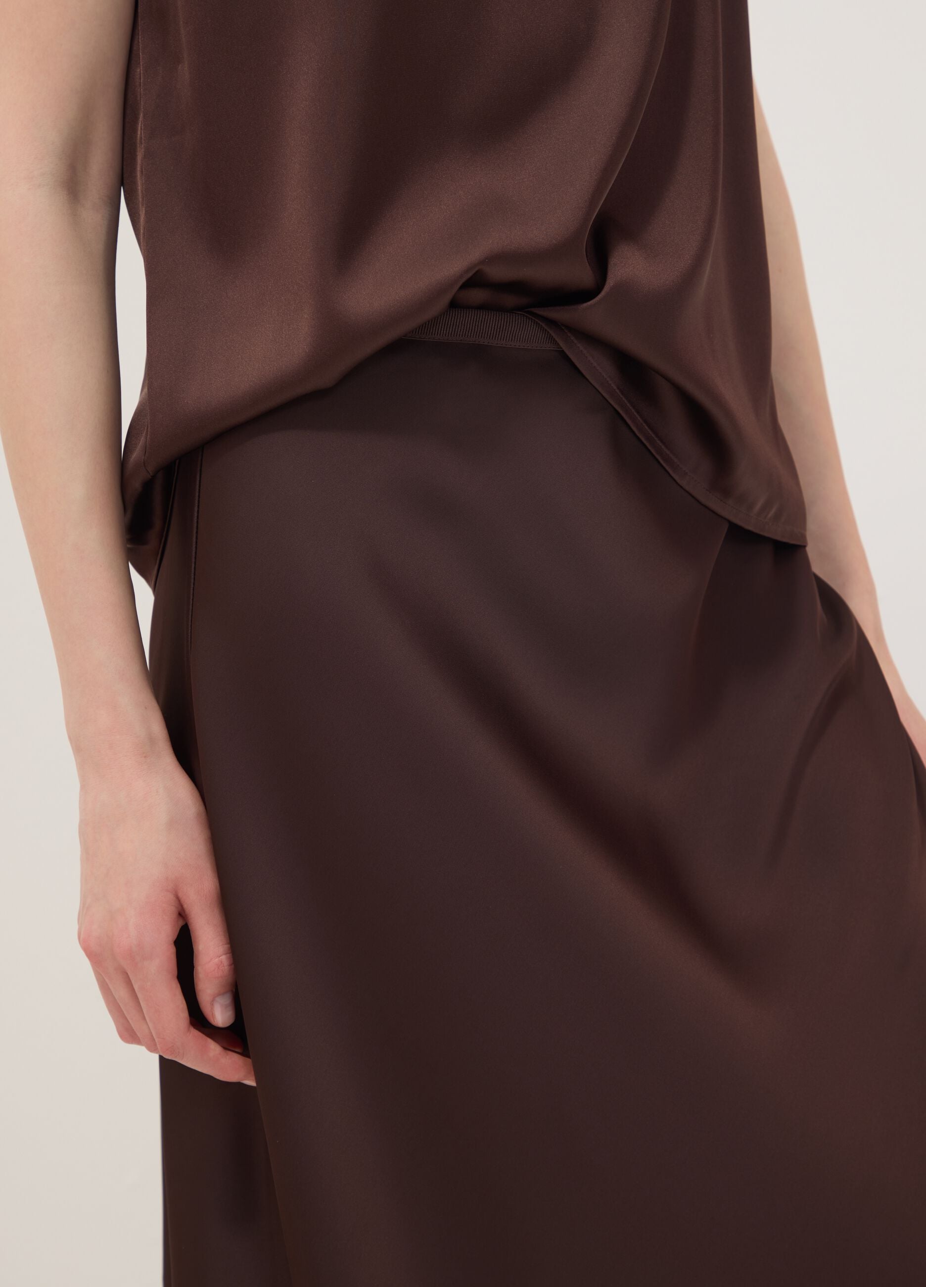 Brown satin maxi skirt with elasticated waistband