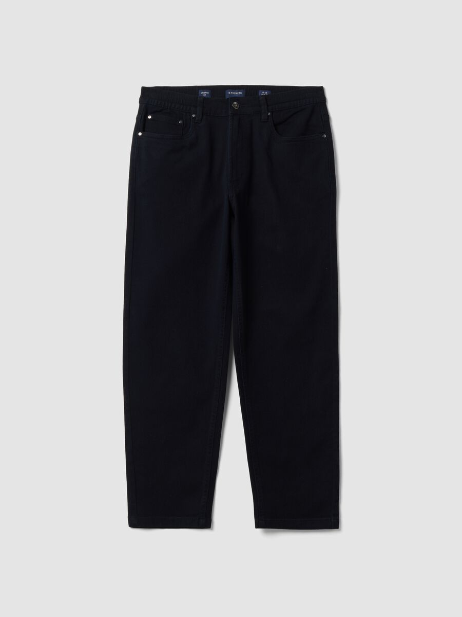 Black straight-leg stretch cotton twill trousers_0