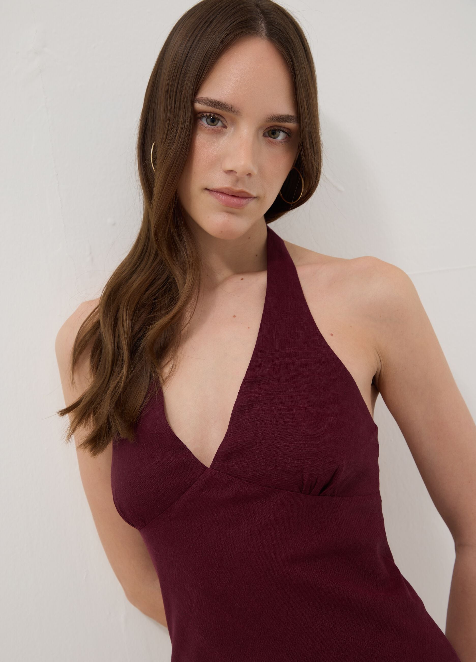 Burgundy viscose-linen blend mini dress, regular fit