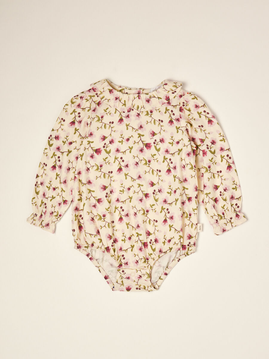 Beige floral pure viscose baby bodysuit with round neck_0