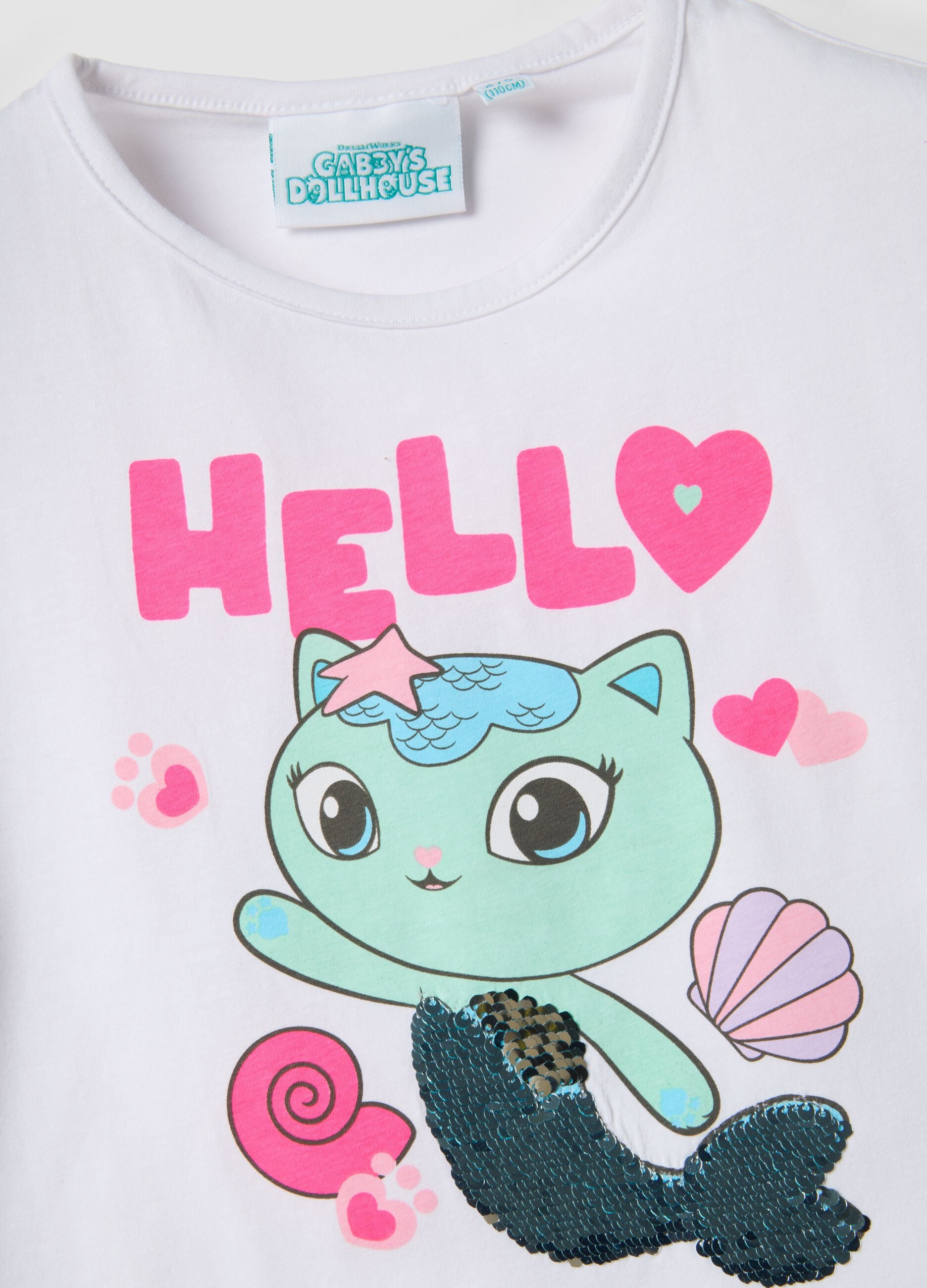 Girls' White Stretch Cotton T-Shirt with Print