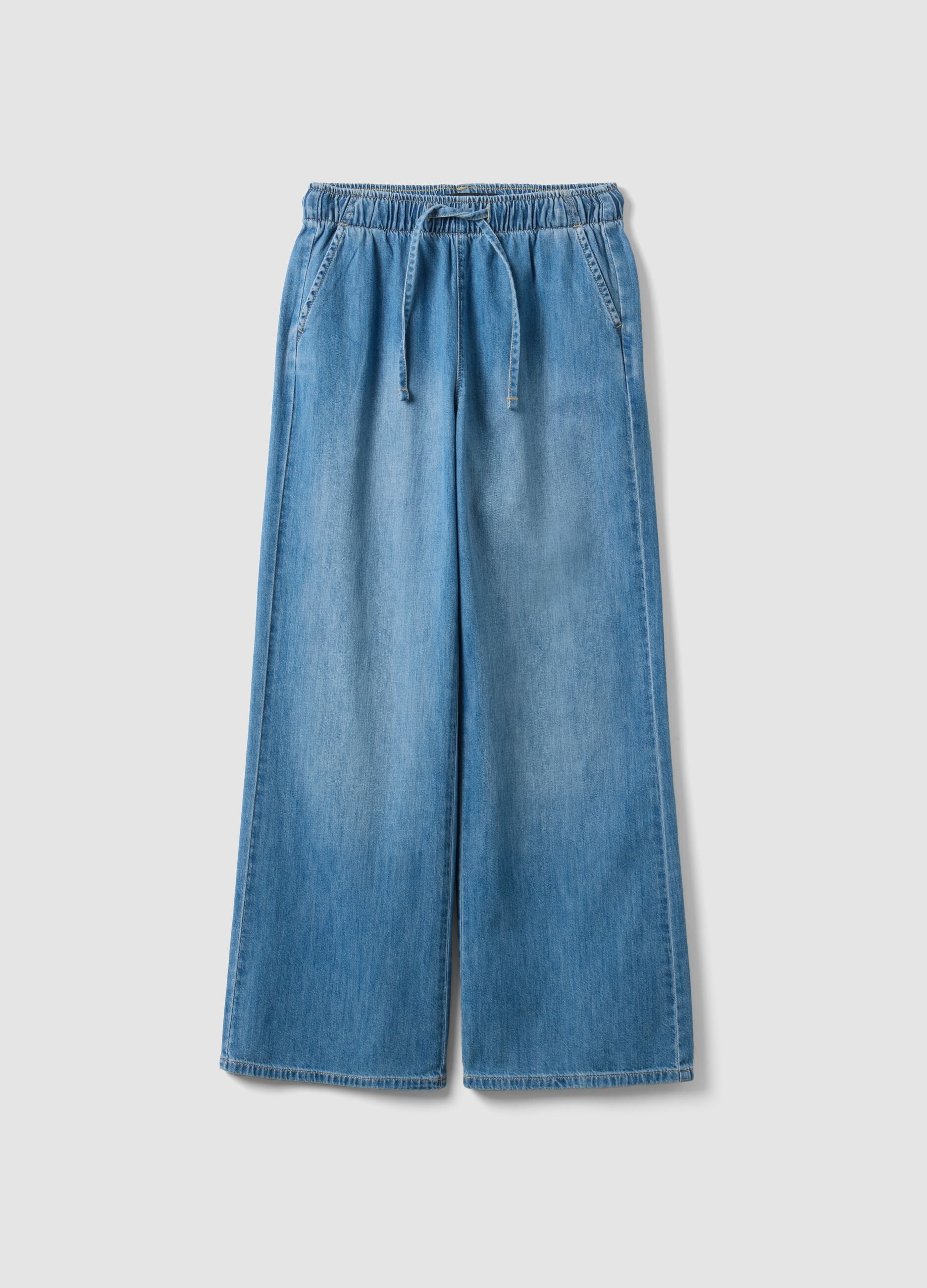 Blue pure cotton wide-leg denim jeans