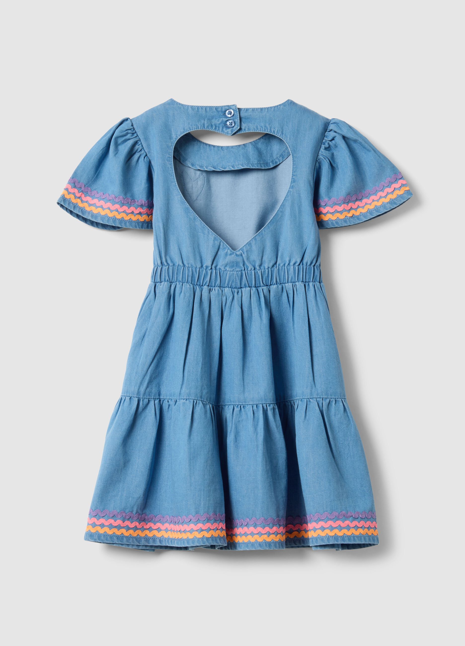 Girls' regular fit blue denim pure cotton dress with ruffles