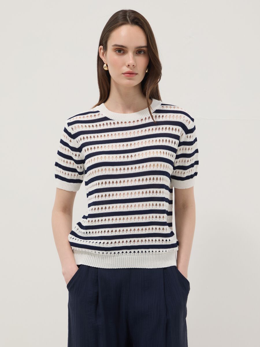 White and blue striped regular-fit openwork viscose-blend T-shirt_0