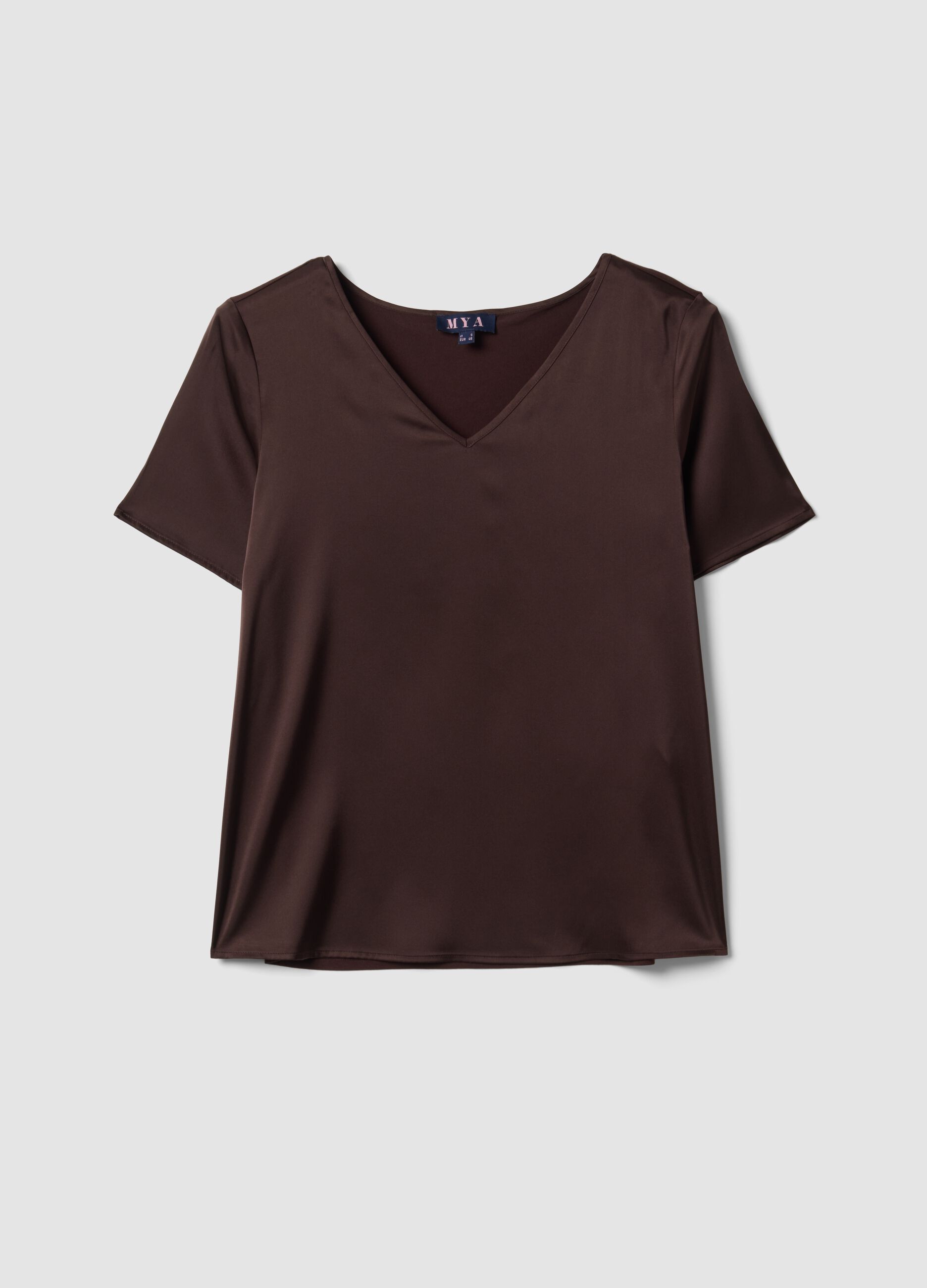 Brown satin stretch V-neck blouse, regular fit