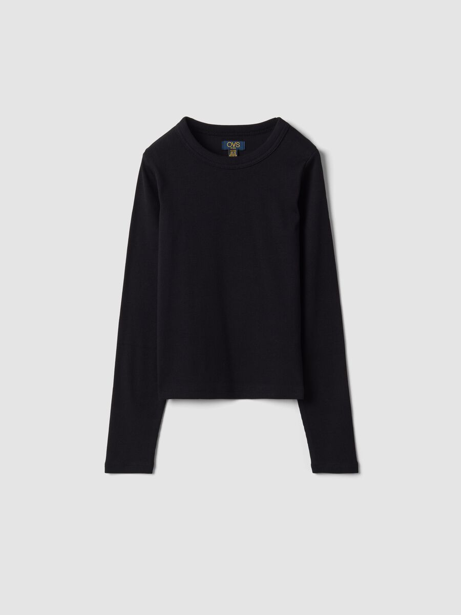 Black stretch organic cotton T-shirt with ribbed neckline_3