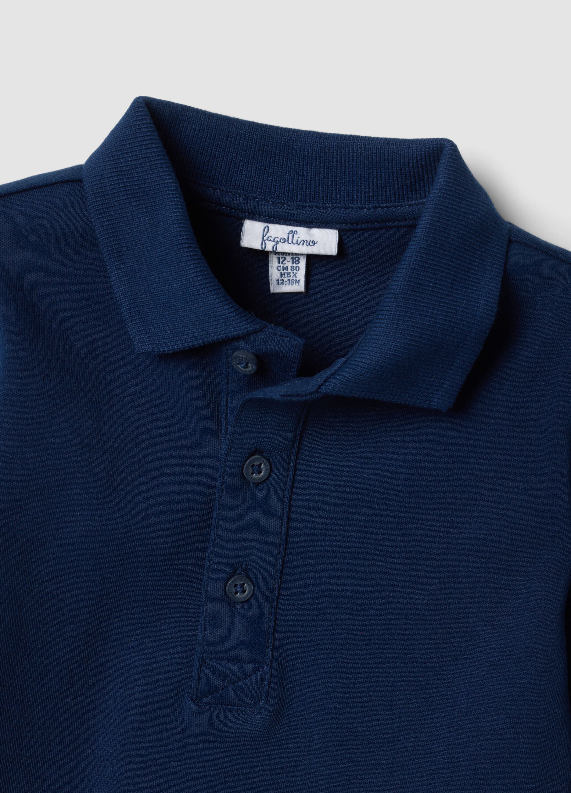 Blue long-sleeve polo shirt in pure organic cotton for baby boy