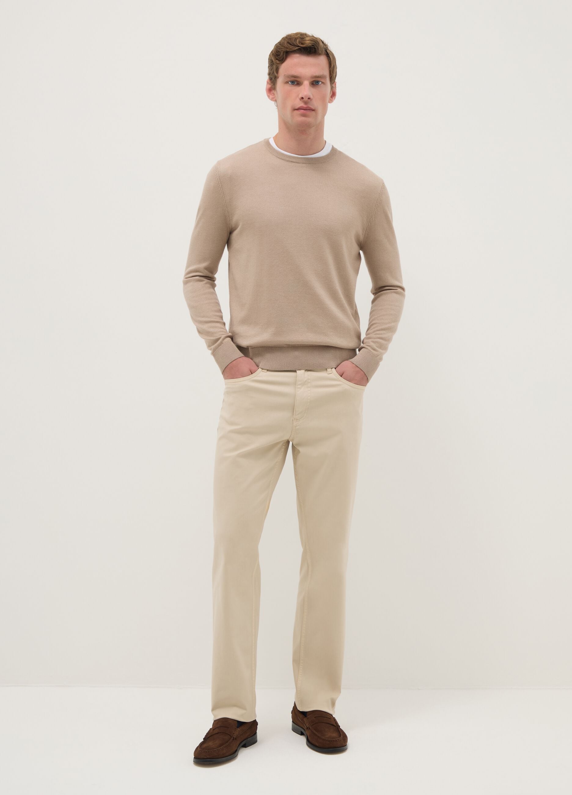 Beige crew neck pullover in regular fit cotton blend