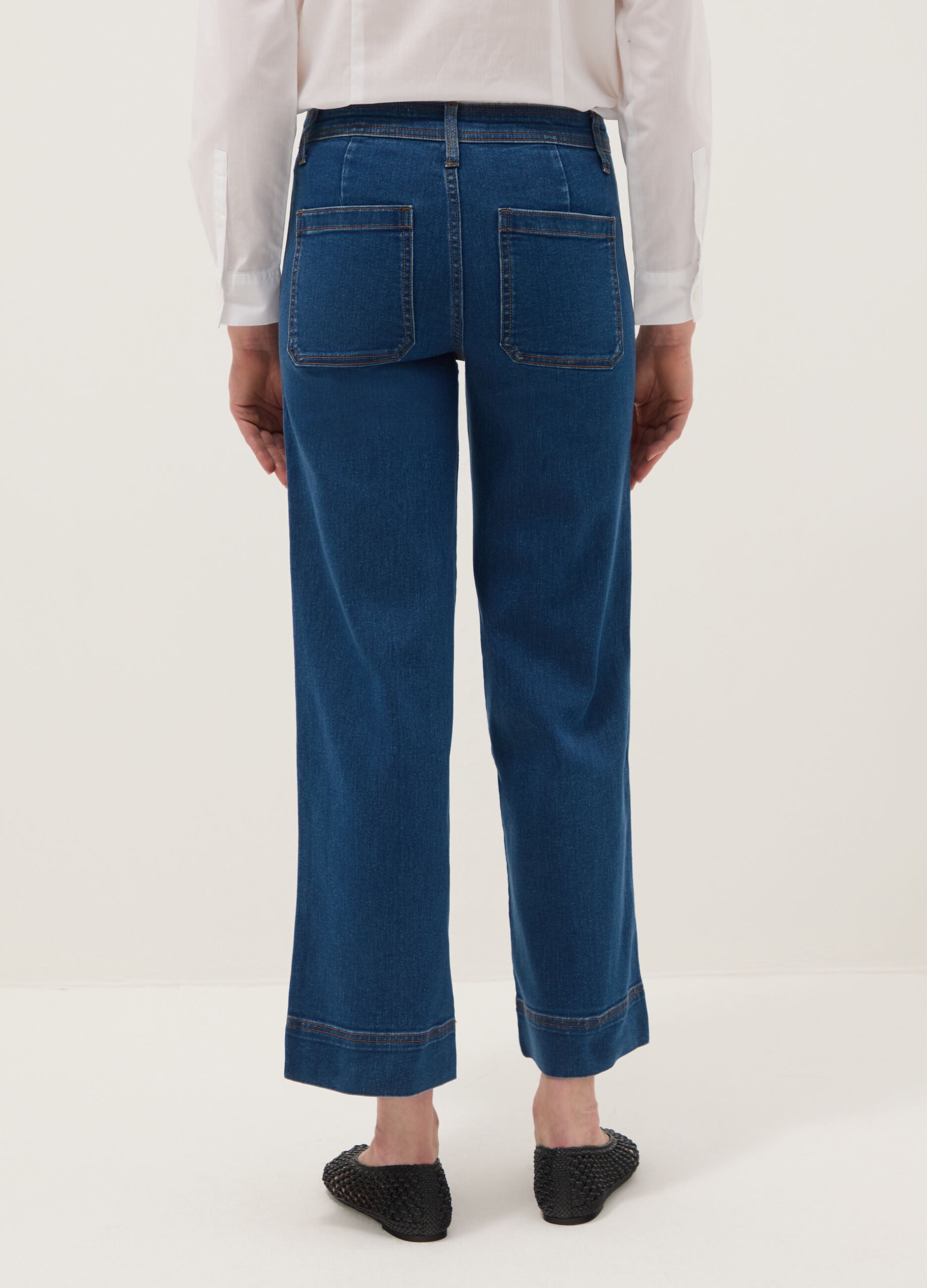 Wide leg stretch cotton blue jeans