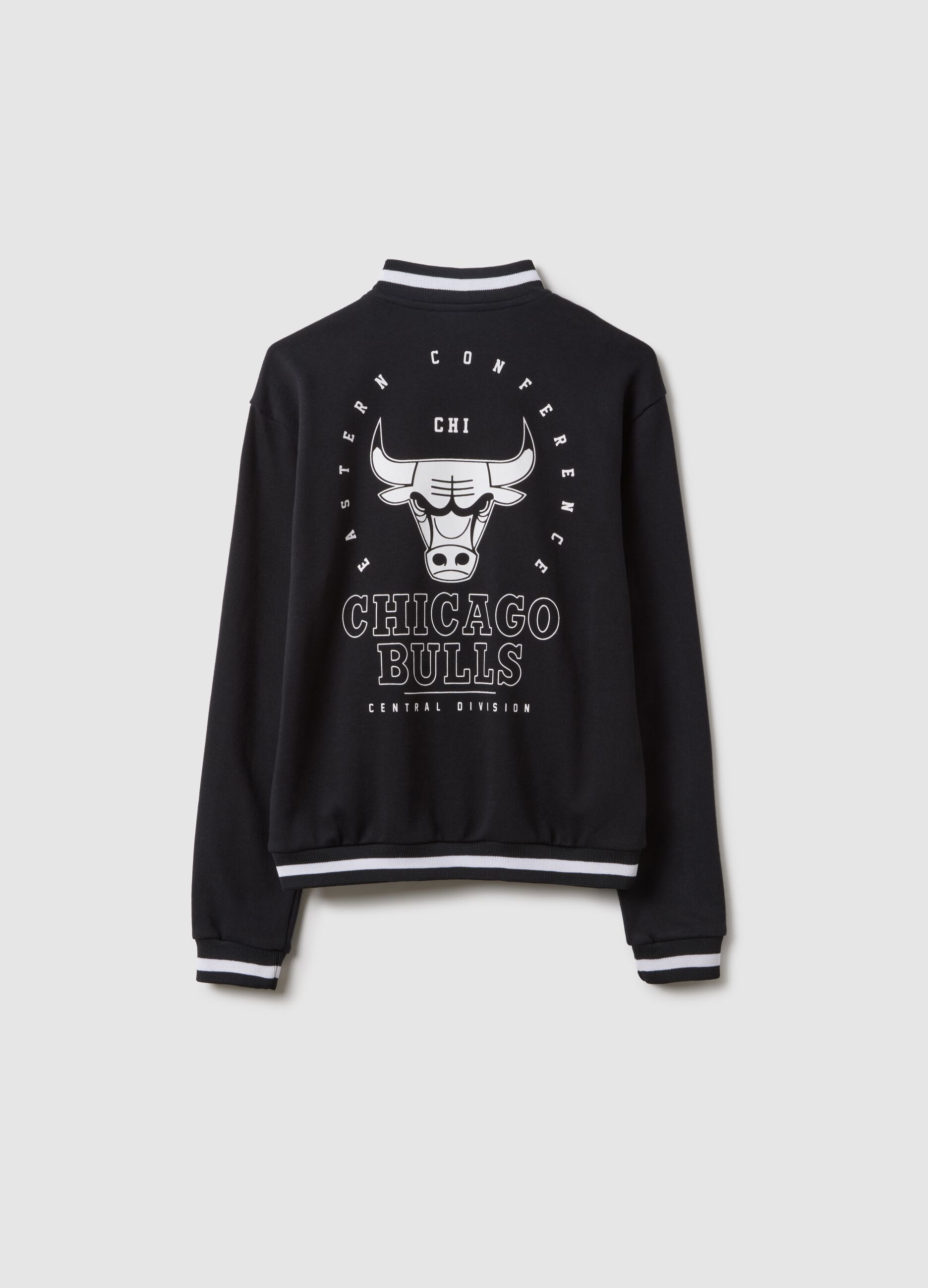 Black cotton blend bomber jacket for kids, regular fit with print