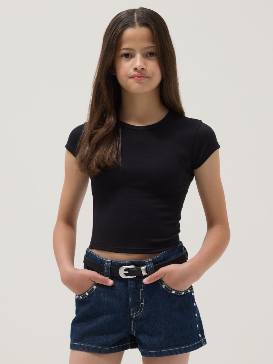 T-shirt fitted in cotone elasticizzato nera da ragazza_0