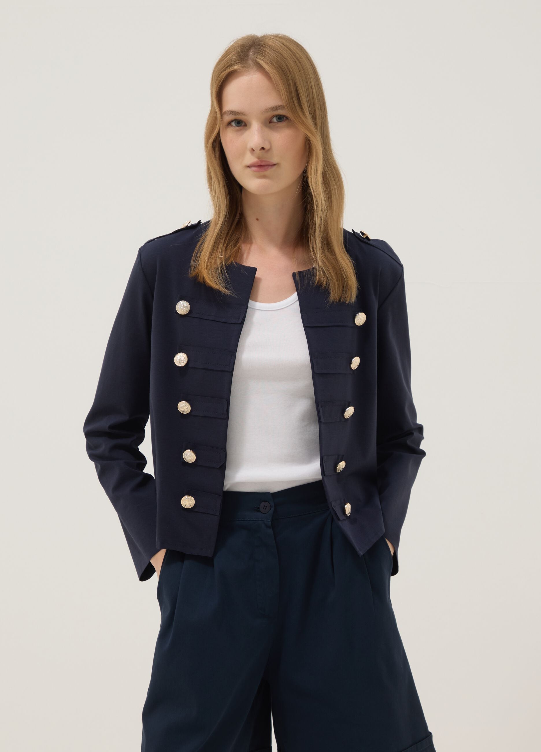 Blue cropped stretch cotton jacket with decorative buttons, regular fit