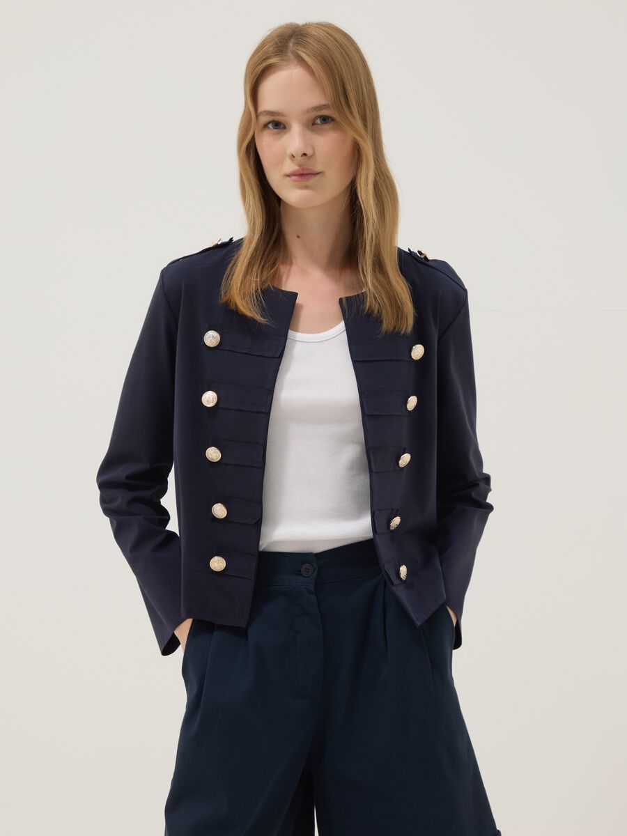 Blue cropped stretch cotton jacket with decorative buttons, regular fit_1