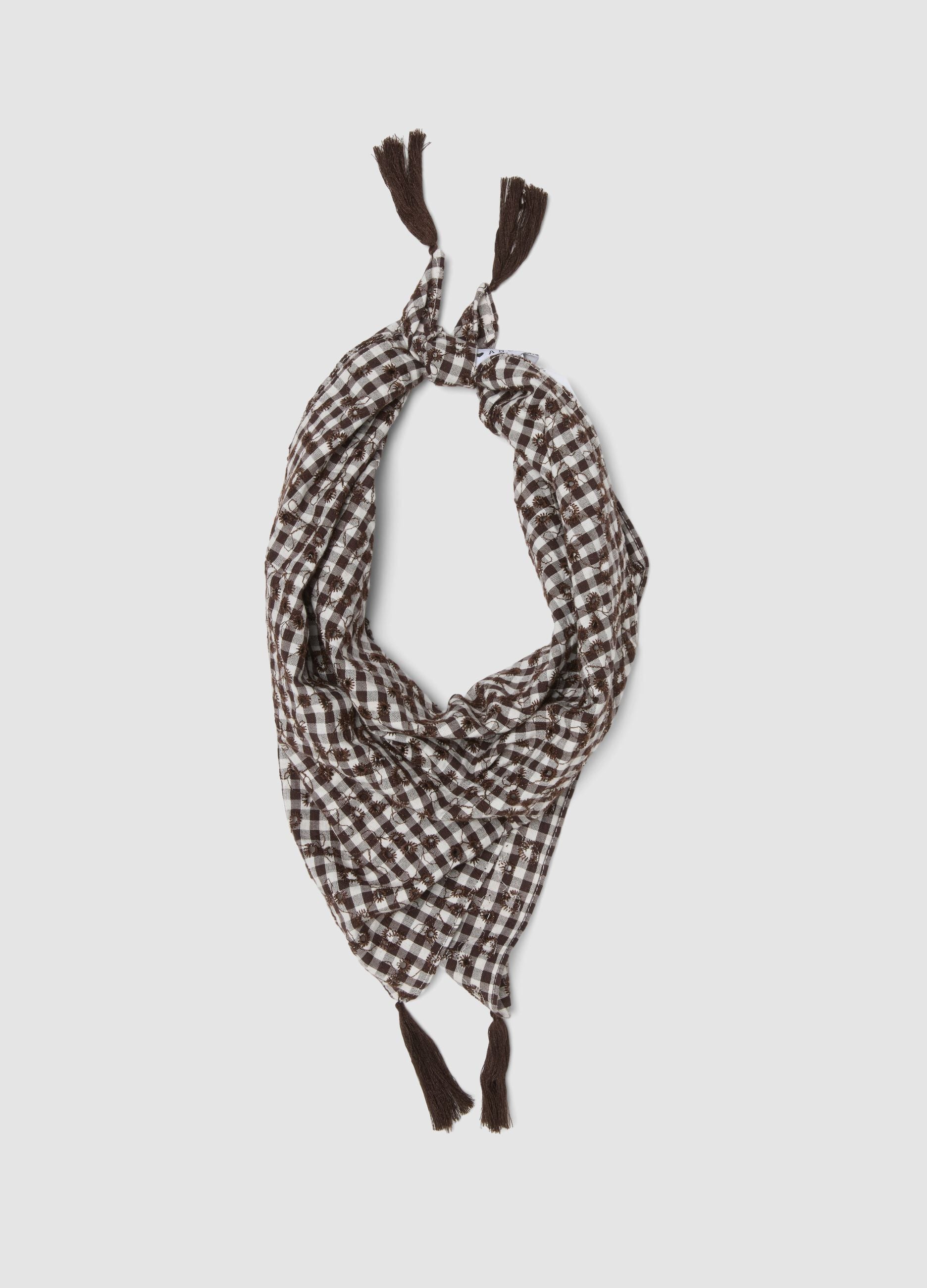 Brown cotton and viscose blend scarf with check pattern