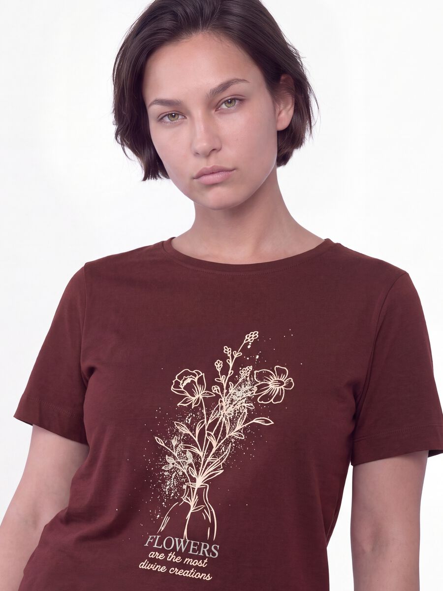 Red pure cotton T-shirt with floral print, regular fit_3