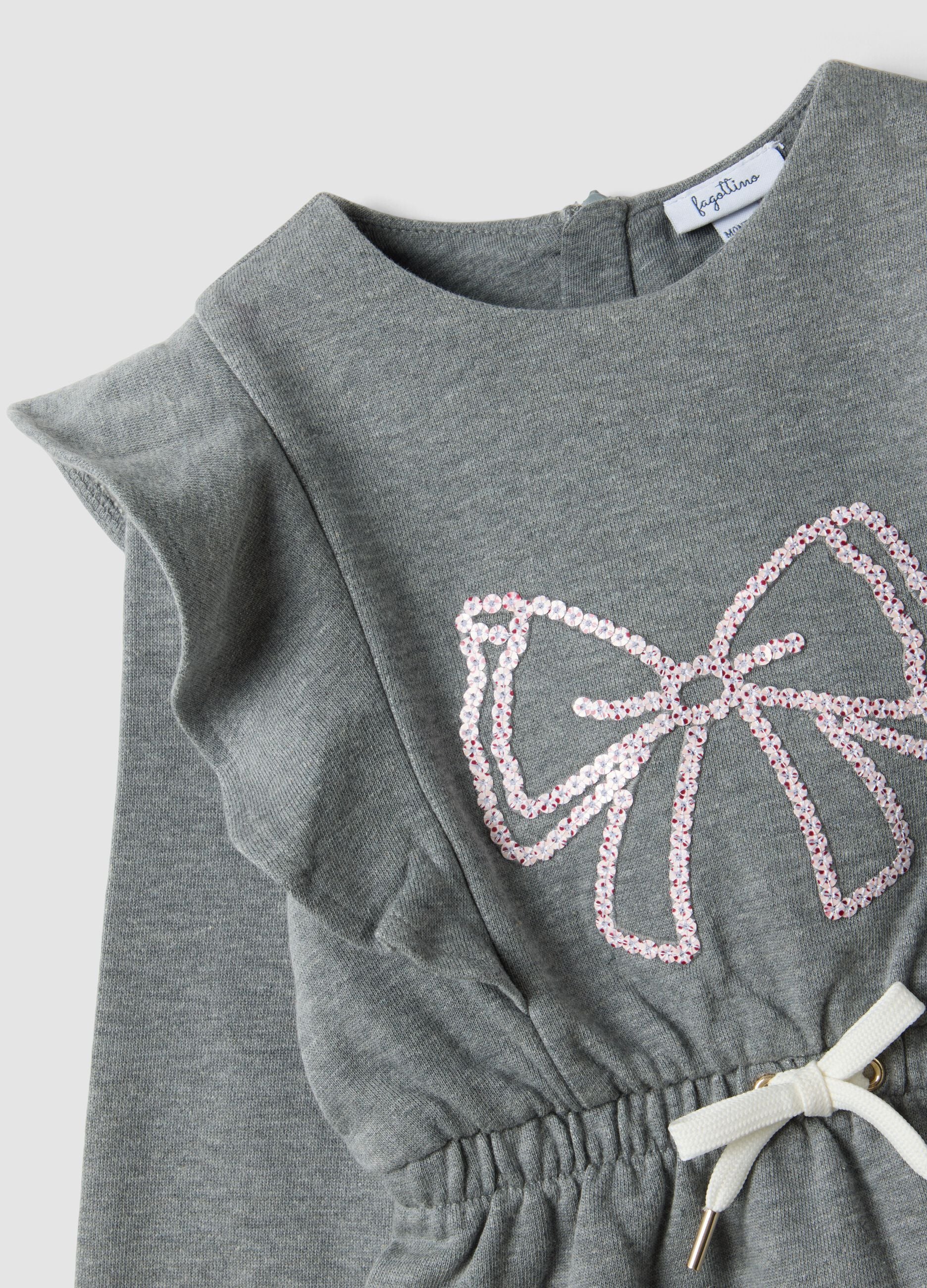 Grey cotton-blend dress with ruffles and bow for baby girl