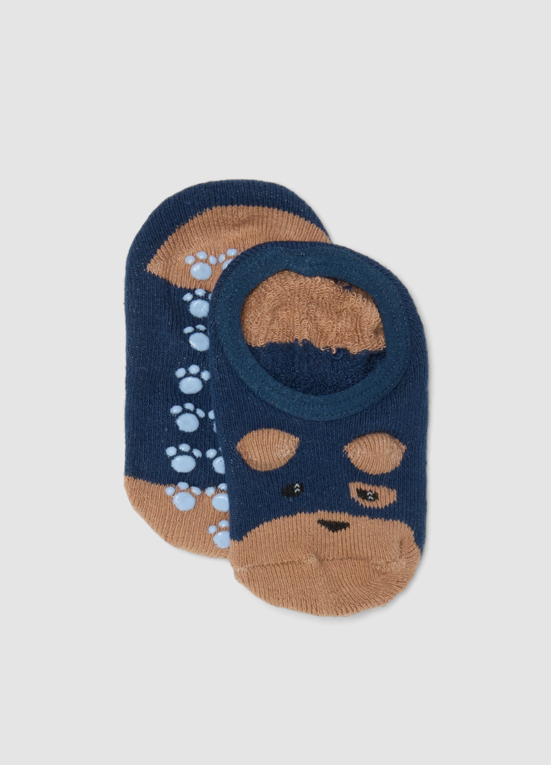 Blue non-slip organic stretch cotton baby socks with puppy motif